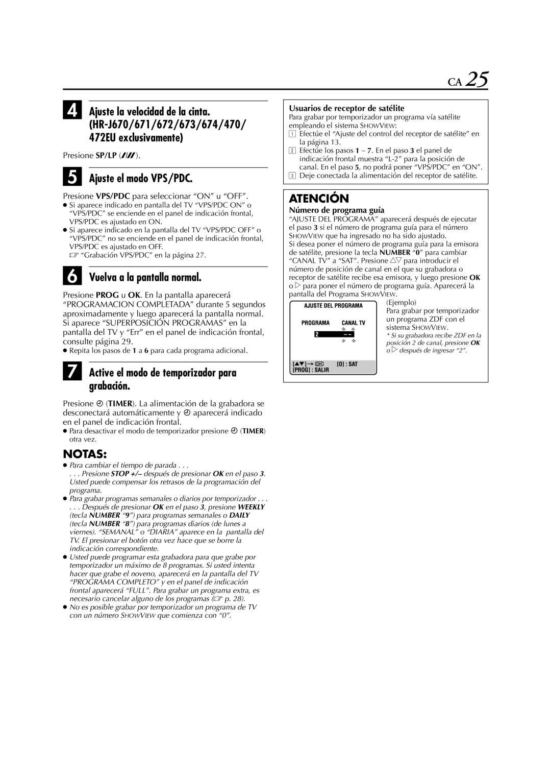 JVC HR-J4270 Ajuste el modo VPS/PDC, Presione SP/LP p, Presione VPS/PDC para seleccionar on u OFF, Número de programa guía 