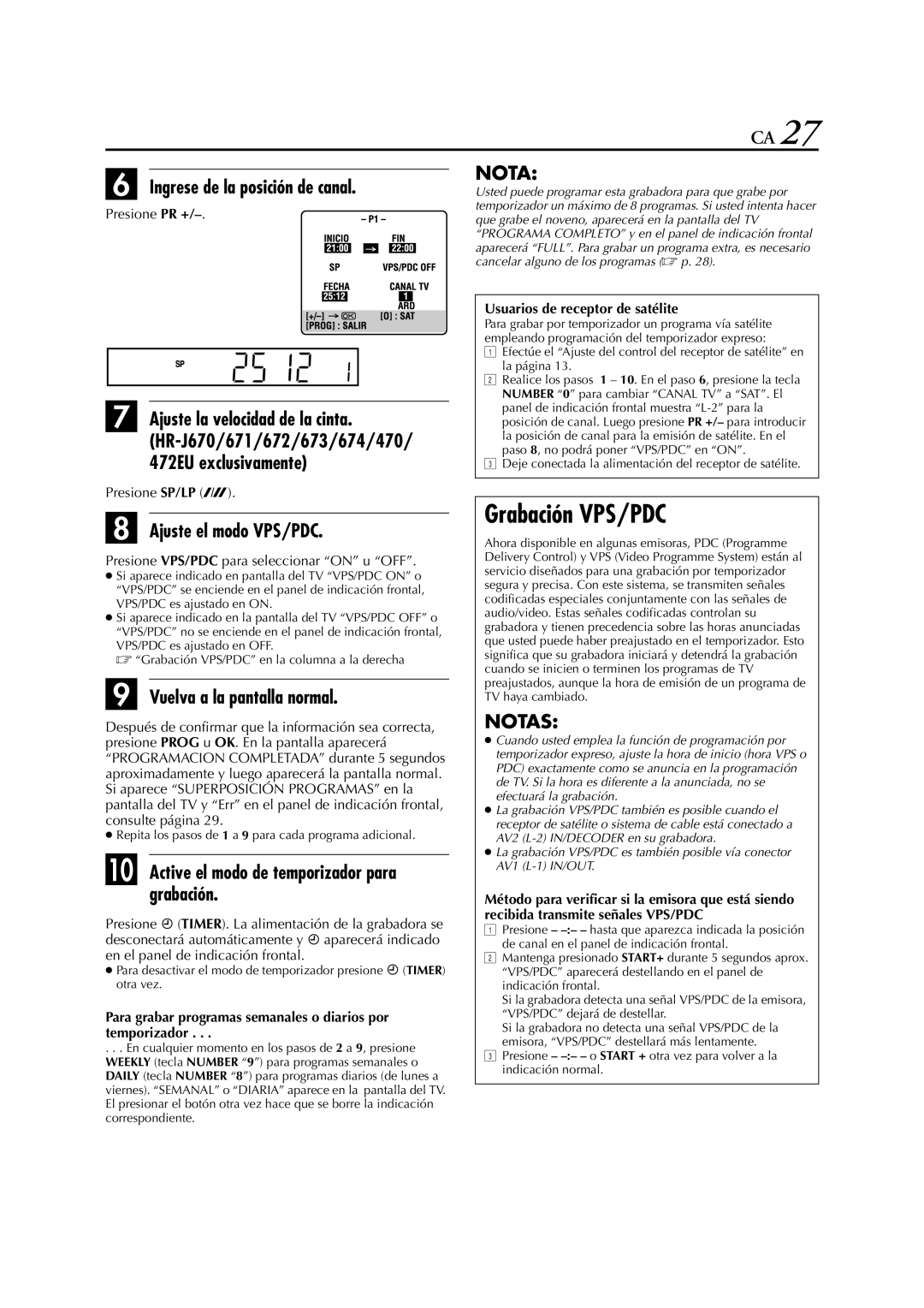 JVC HR-J670, HR-J673, HR-J470, HR-J472EU, HR-J672, HR-J671 Grabación VPS/PDC, Ingrese de la posición de canal, Presione PR + 