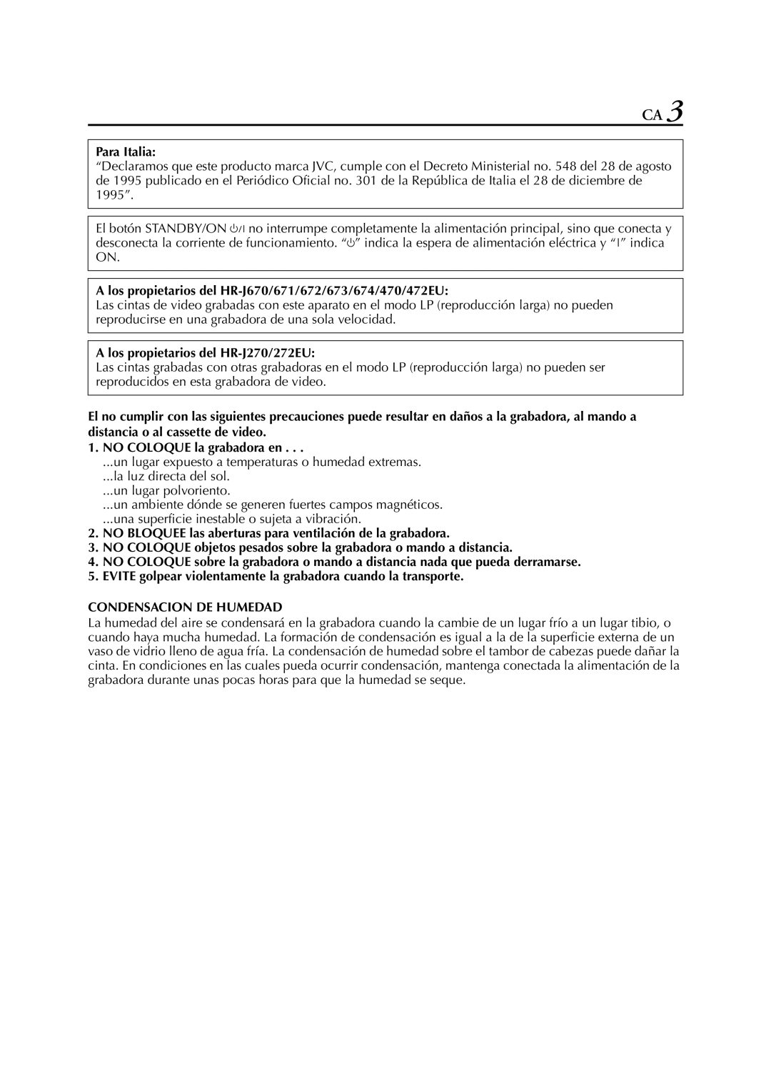 JVC HR-J472EU Para Italia, Los propietarios del HR-J670/671/672/673/674/470/472EU, Los propietarios del HR-J270/272EU 