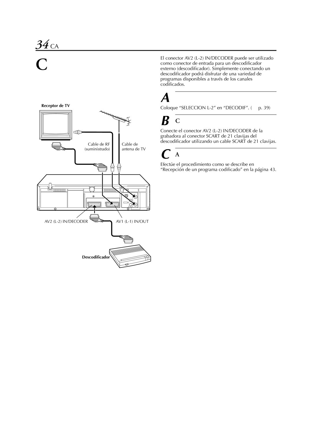 JVC HR-J4270, HR-J670, HR-J673 34 CA, Seleccione el modo de entrada, Conecte del descodificador, Ajuste el sintonizador 