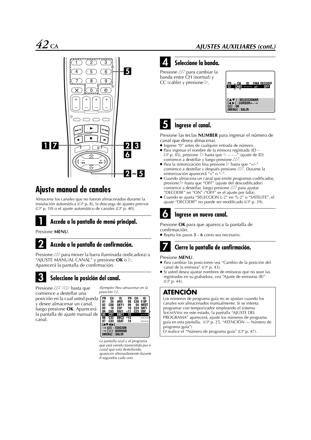 JVC HR-J272EU, HR-J670, HR-J673, HR-J470, HR-J472EU, HR-J672, HR-J671, HR-J4270, HR-J674EU 42 CA, Ajuste manual de canales 