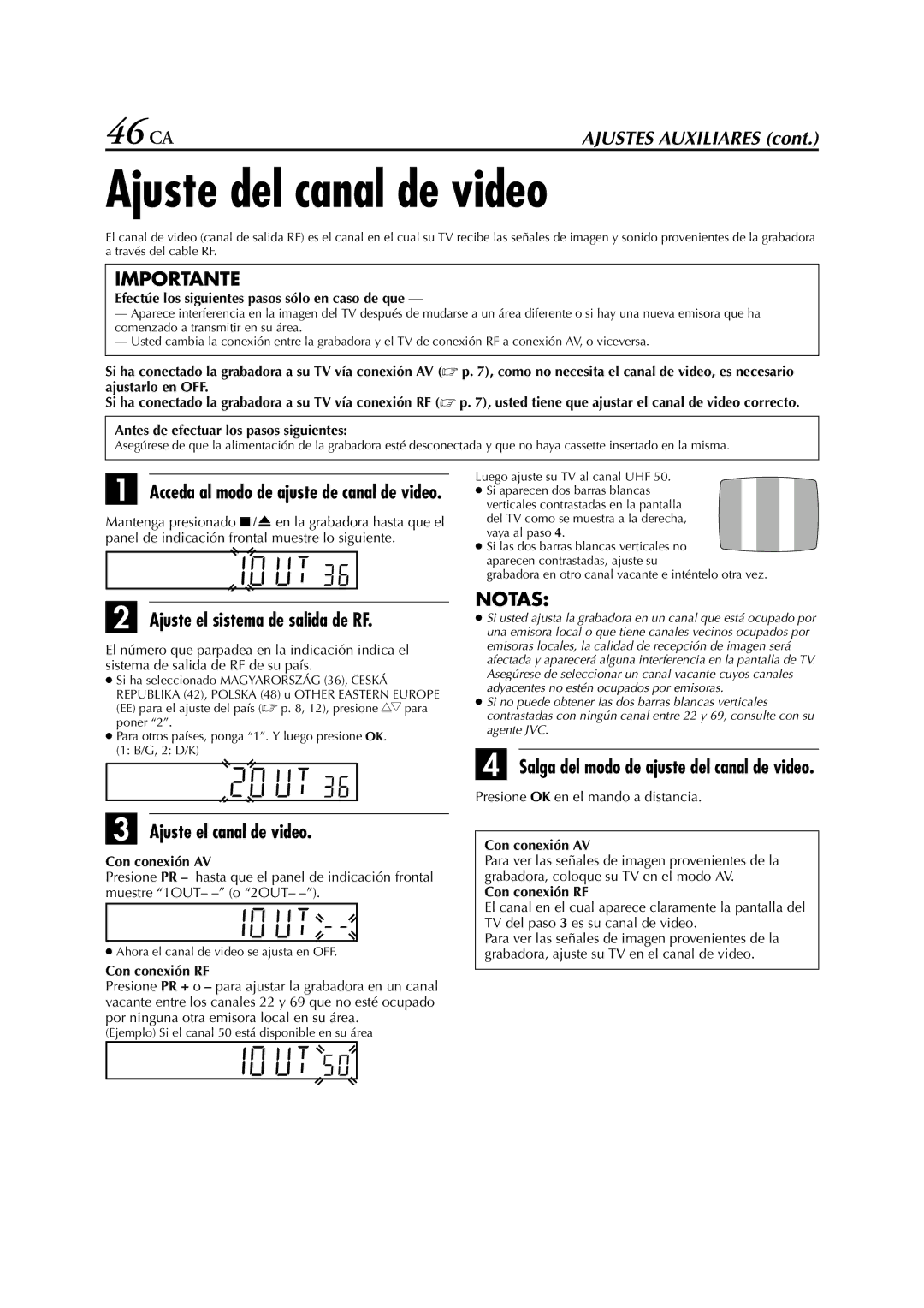 JVC HR-J673, HR-J670, HR-J470, HR-J472EU, HR-J672, HR-J671 Ajuste del canal de video, 46 CA, Ajuste el sistema de salida de RF 