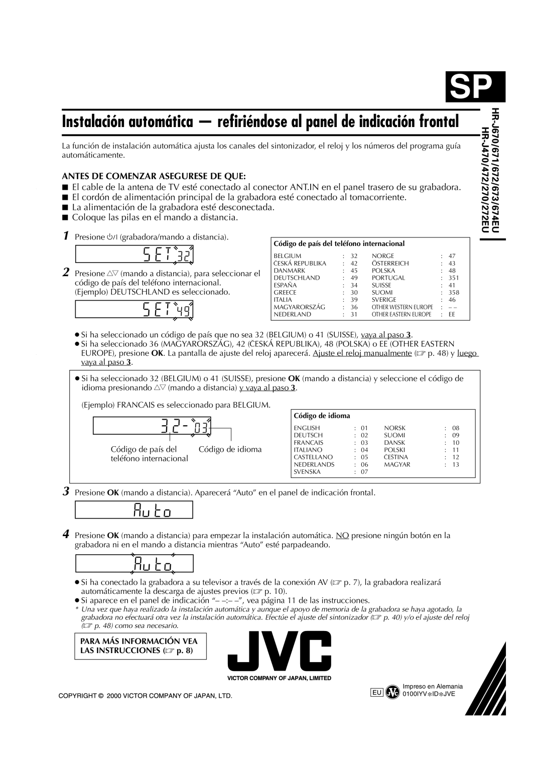 JVC HR-J470, HR-J670, HR-J673, HR-J472EU Código de país del Código de idioma, Teléfono internacional, LAS Instrucciones  p 