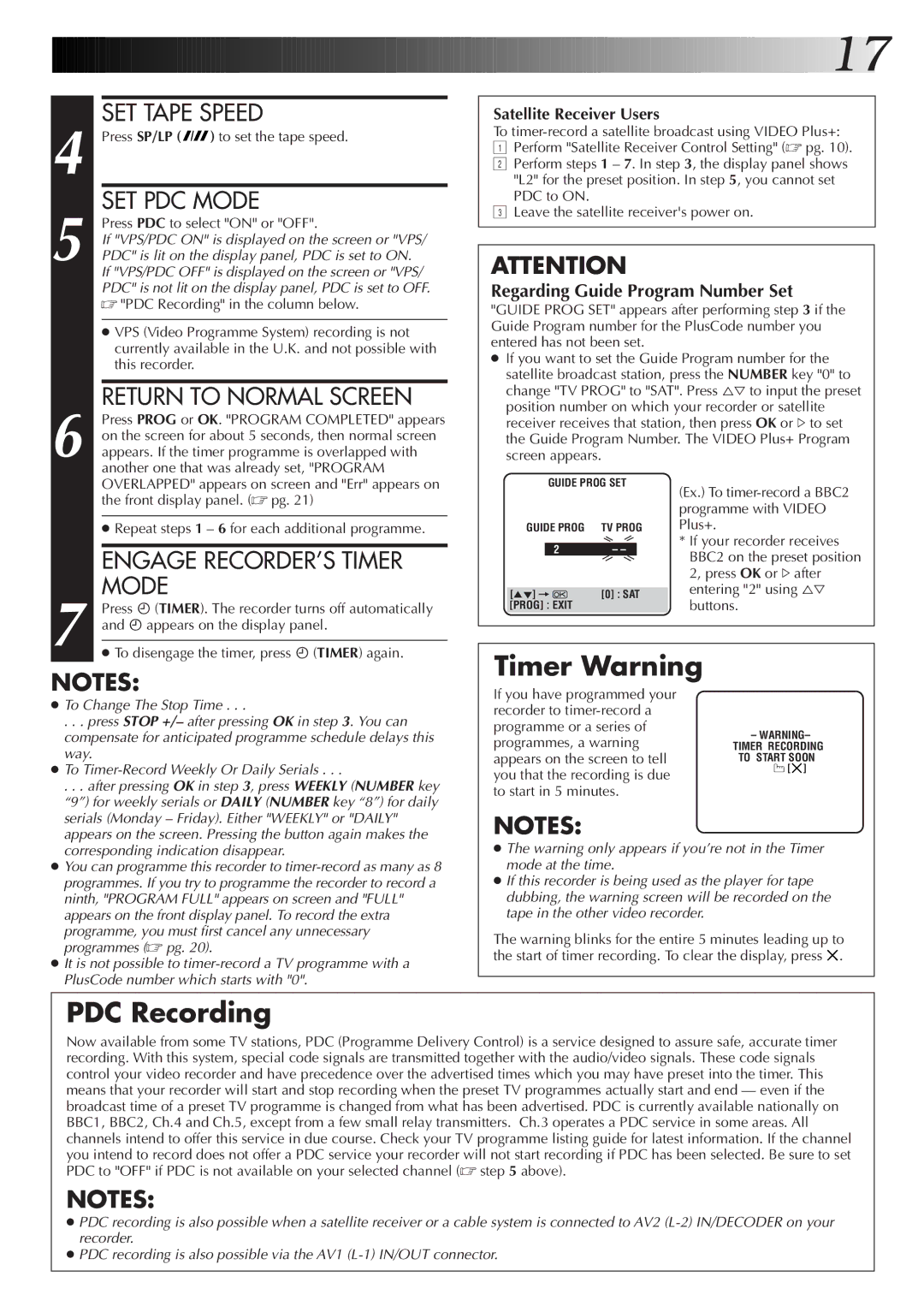 JVC HR-J672EK, HR-J670EK, HR-J470EK, HR-J270EK setup guide Timer Warning, PDC Recording 