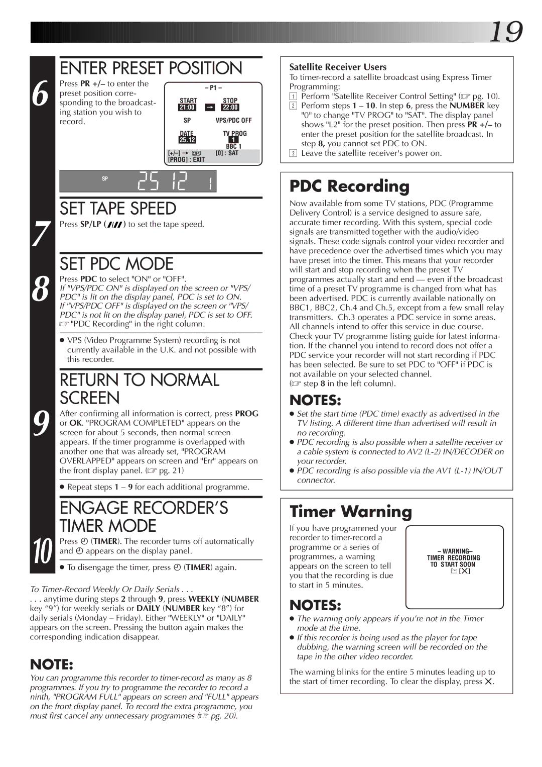 JVC HR-J270EK, HR-J670EK, HR-J672EK, HR-J470EK setup guide SET PDC Mode, Return to Normal, Engage RECORDER’S, Timer Mode 