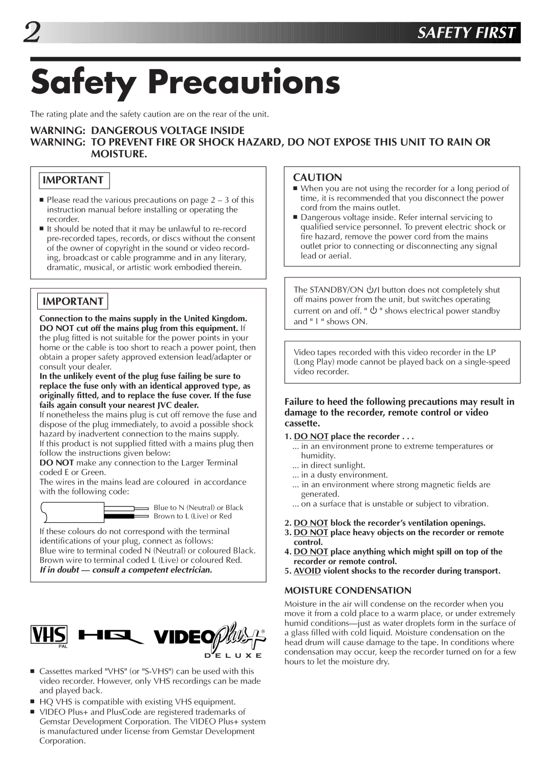 JVC HR-J470EK, HR-J670EK, HR-J672EK, HR-J270EK setup guide Safety Precautions, Do not place the recorder 