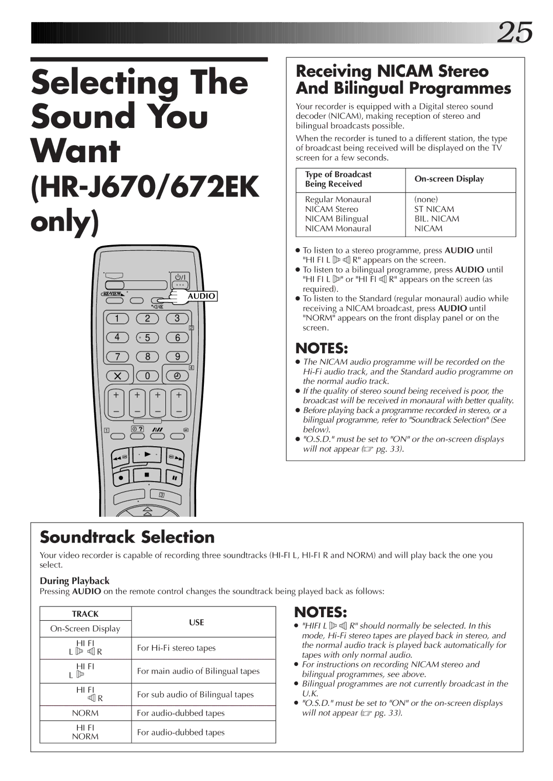 JVC HR-J672EK, HR-J670EK Selecting Sound You Want, Receiving Nicam Stereo And Bilingual Programmes, Soundtrack Selection 