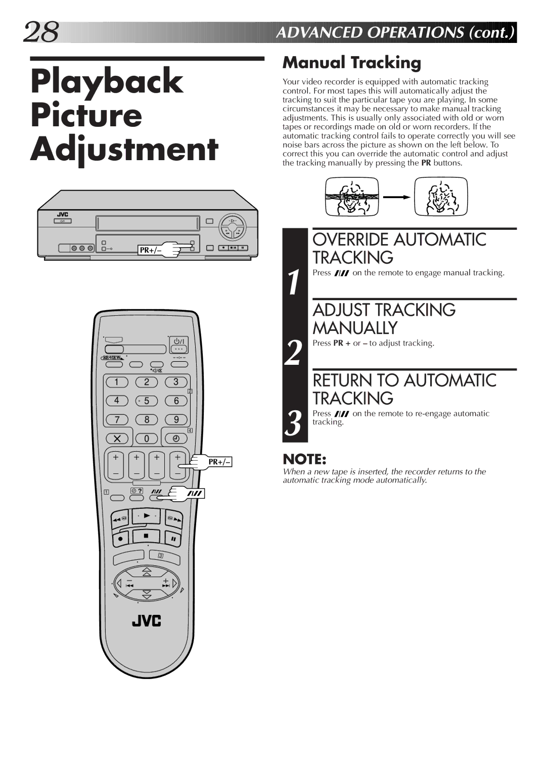 JVC HR-J670EK Playback Picture Adjustment, Override Automatic Tracking, Adjust Tracking, Manually, Return to Automatic 