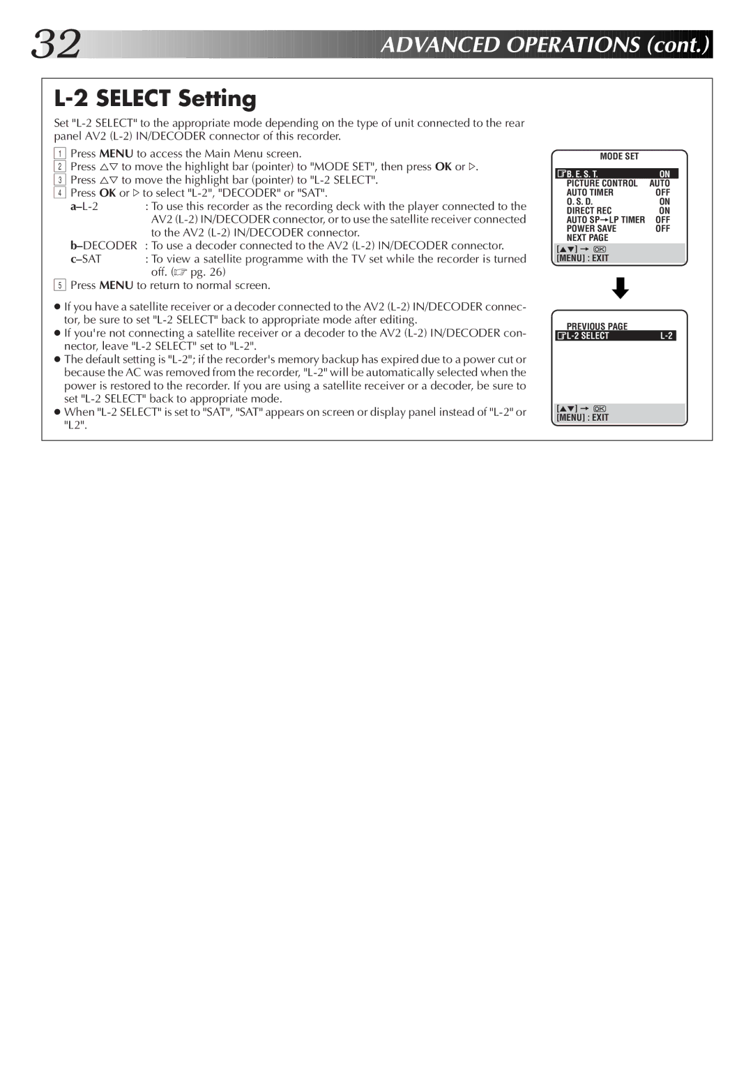 JVC HR-J670EK, HR-J672EK, HR-J470EK, HR-J270EK setup guide Select Setting, To the AV2 L-2 IN/DECODER connector, Off. pg 