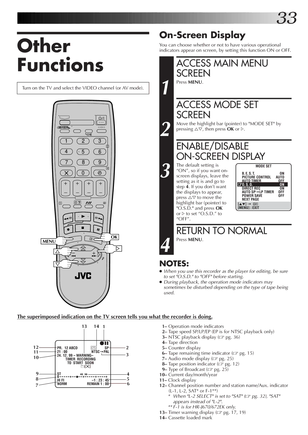 JVC HR-J672EK, HR-J670EK, HR-J470EK, HR-J270EK Other Functions, ENABLE/DISABLE ON-SCREEN Display, On-Screen Display 