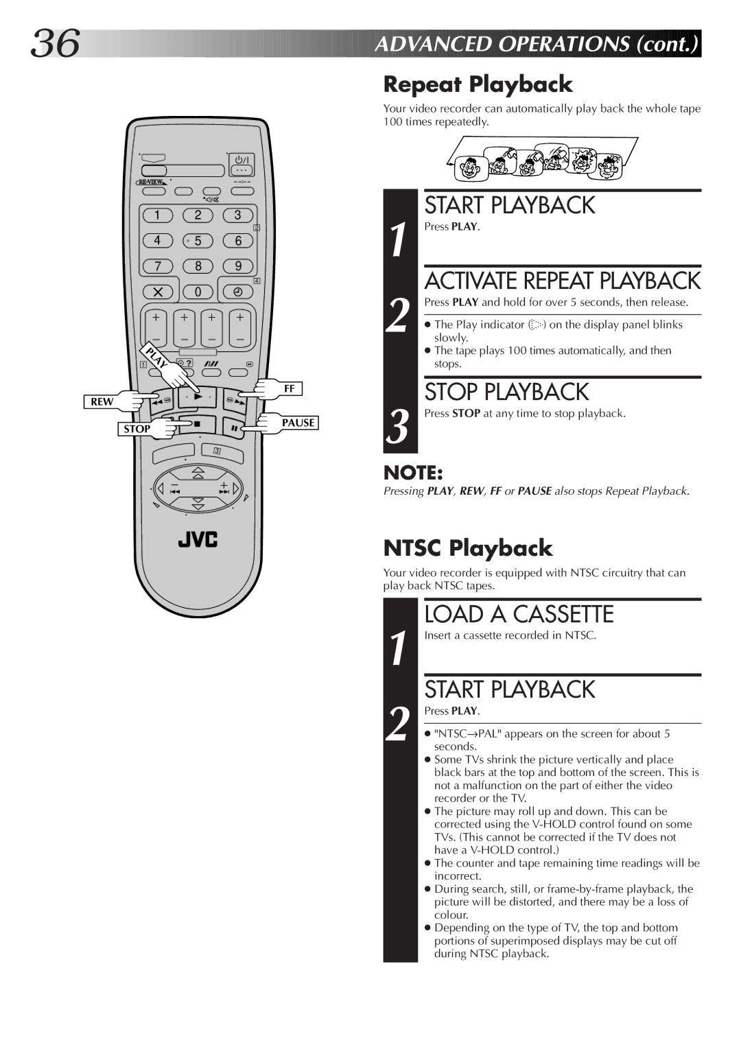 JVC HR-J670EK, HR-J672EK, HR-J470EK, HR-J270EK setup guide Ntsc Playback, Activate Repeat Playback 