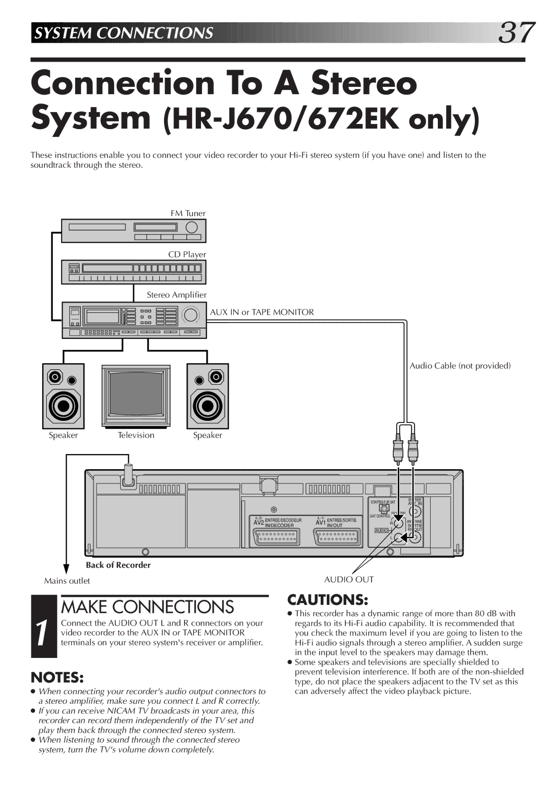 JVC HR-J672EK, HR-J670EK, HR-J470EK, HR-J270EK setup guide Connection To a Stereo, Audio Cable not provided Speaker 