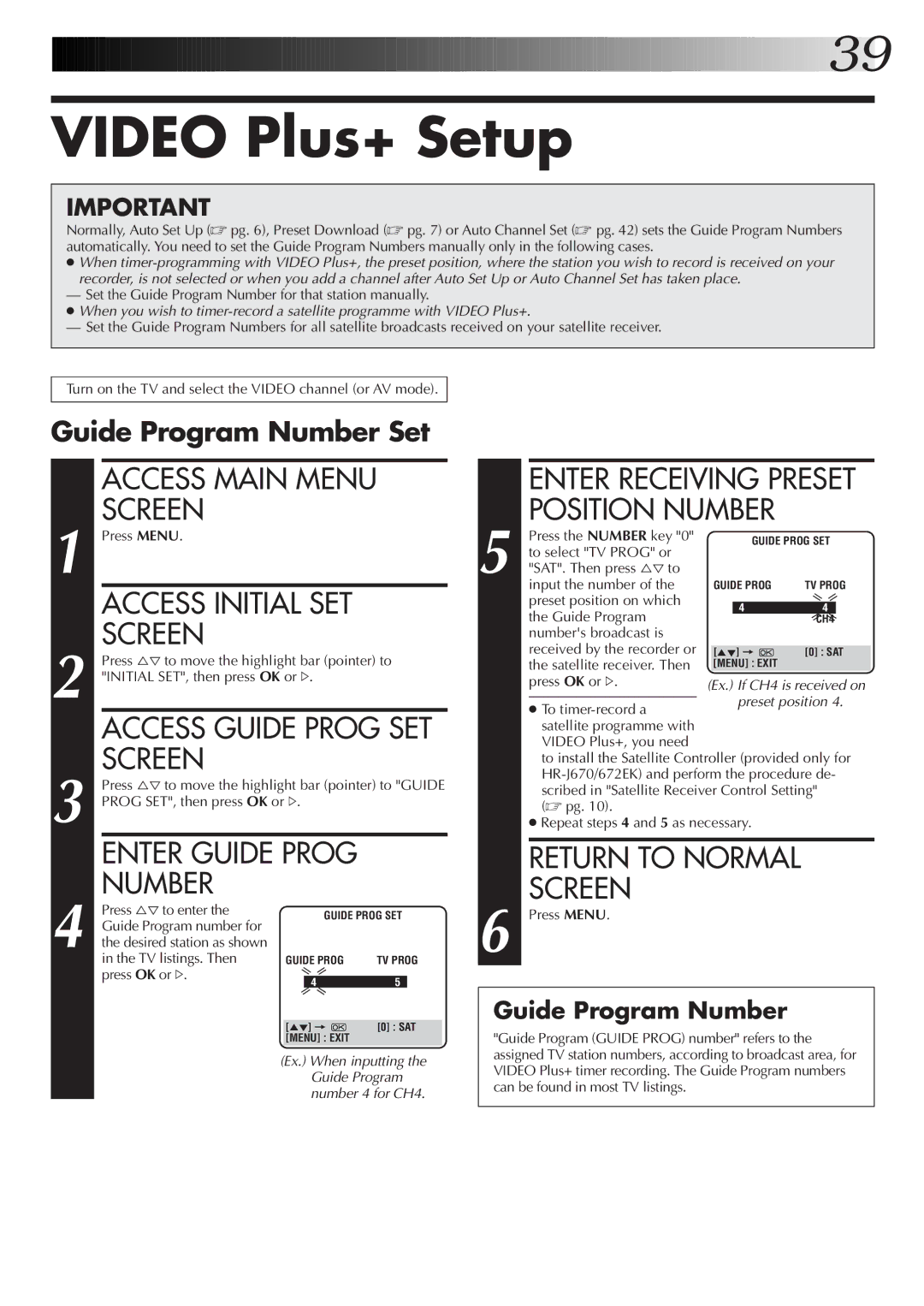 JVC HR-J270EK, HR-J670EK, HR-J672EK, HR-J470EK setup guide Video Plus+ Setup, Guide Program Number Set 