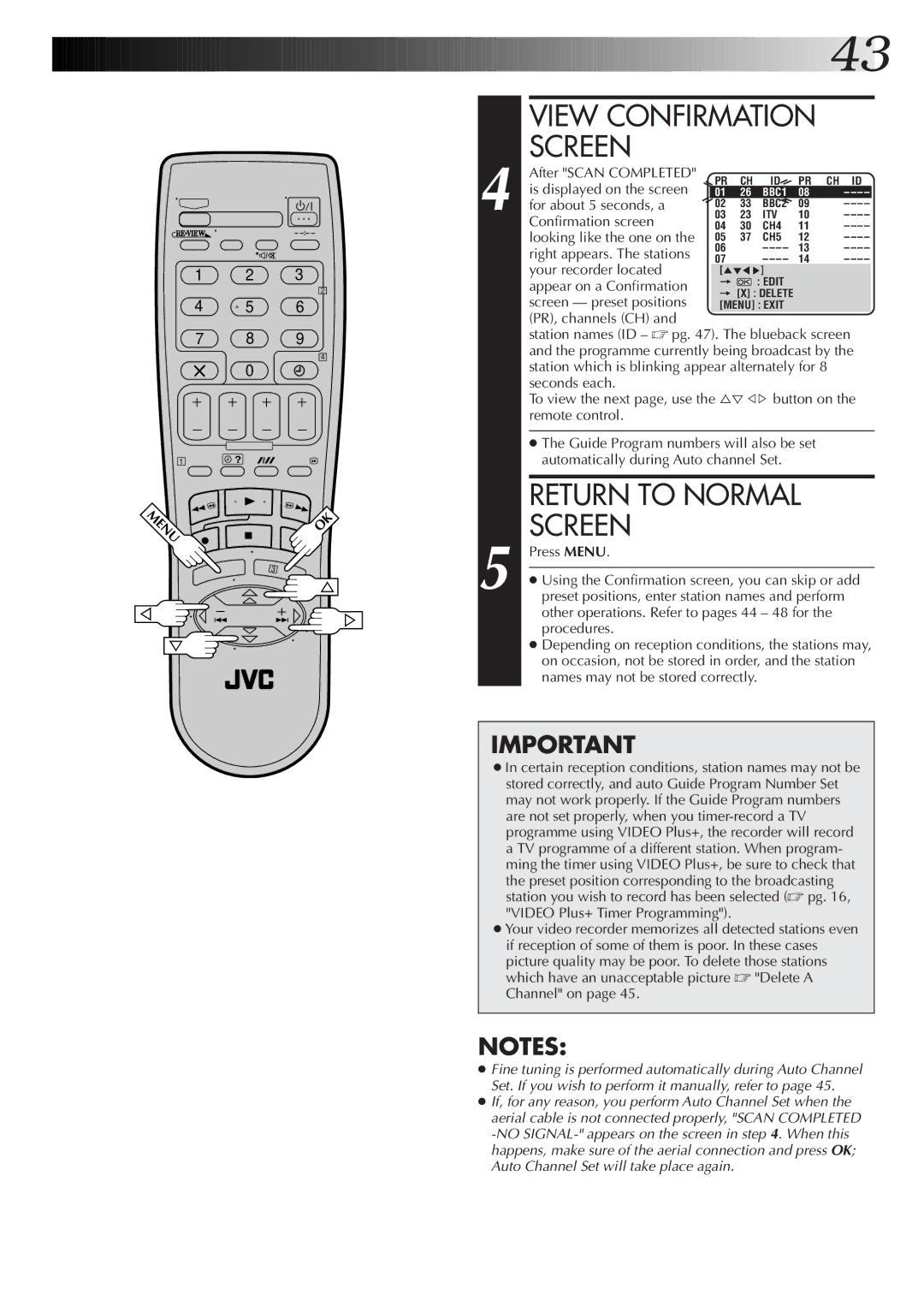 JVC HR-J270EK After Scan Completed, Is displayed on the screen, For about 5 seconds, a, Confirmation screen, Procedures 