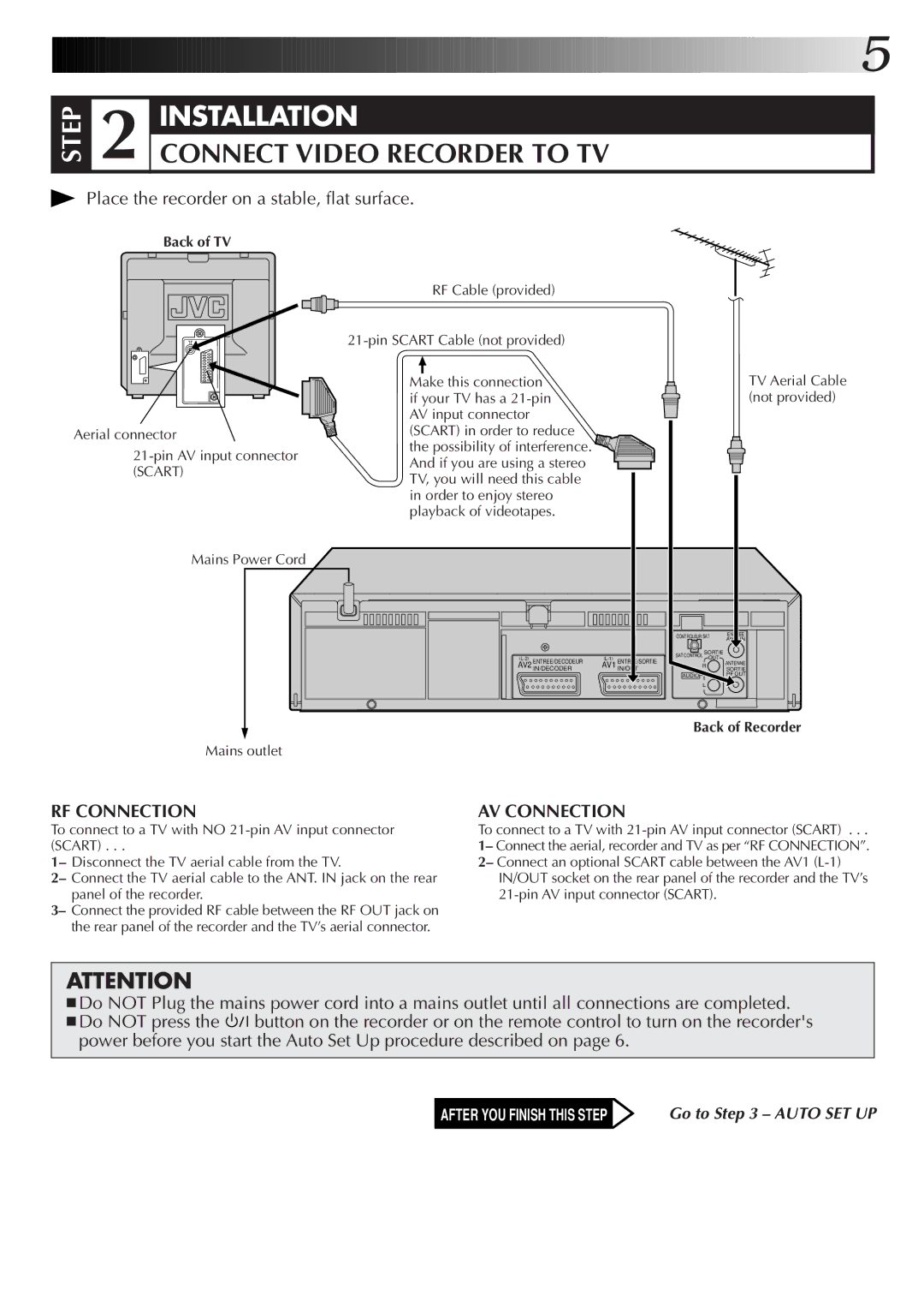 JVC HR-J672EK, HR-J670EK, HR-J470EK, HR-J270EK Back of TV, TV Aerial Cable not provided, Back of Recorder, Mains outlet 