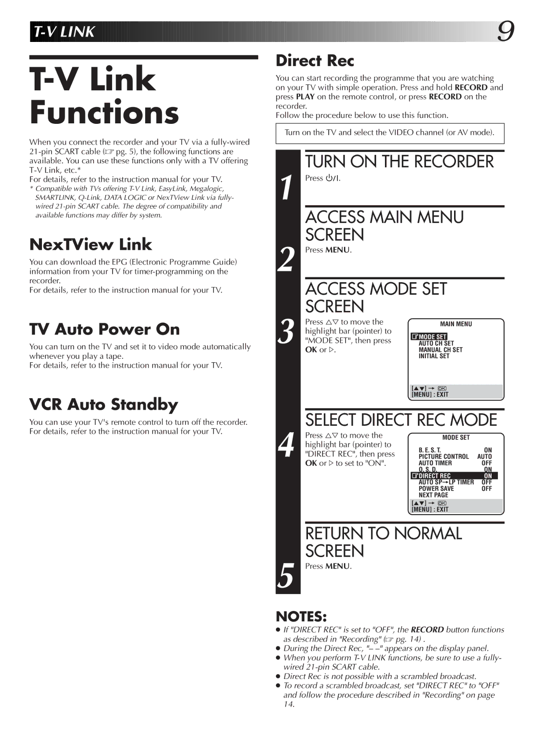 JVC HR-J672EK Link Functions, Turn on the Recorder, NexTView Link, TV Auto Power On, VCR Auto Standby Direct Rec 