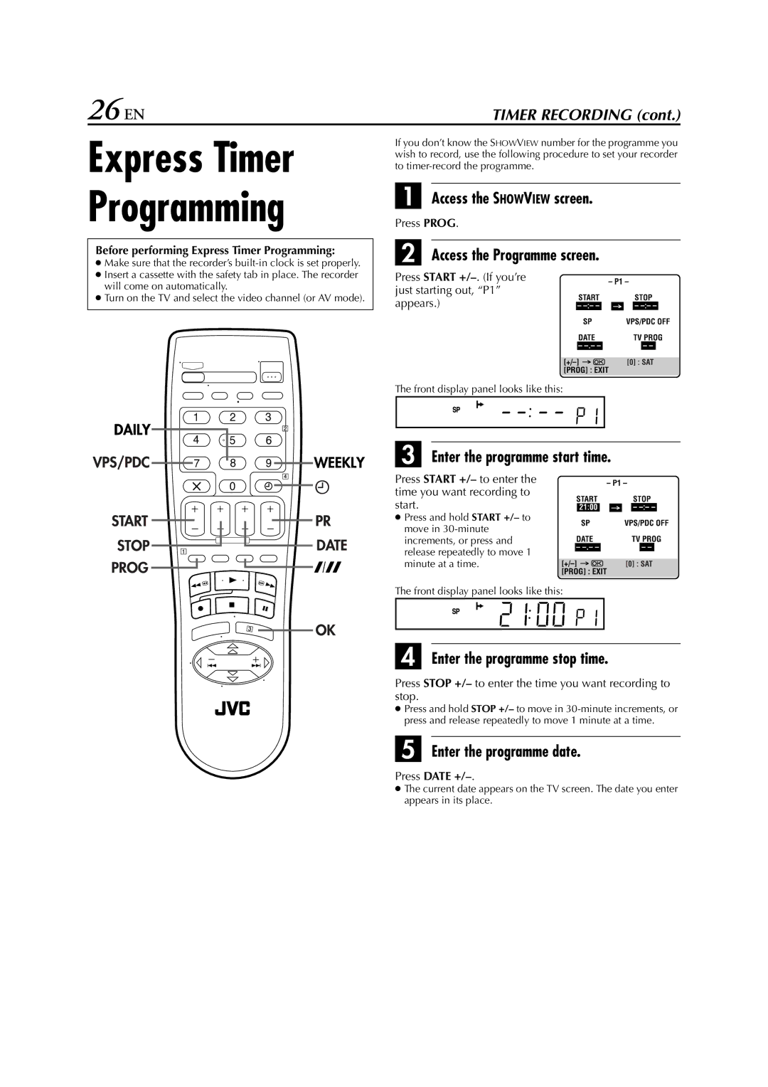 JVC HR-J472EU, HR-J673, HR-J470, HR-J672, HR-J671, HR-J272EU, HR-J270, HR-J674 instruction manual Express Timer Programming, 26 EN 