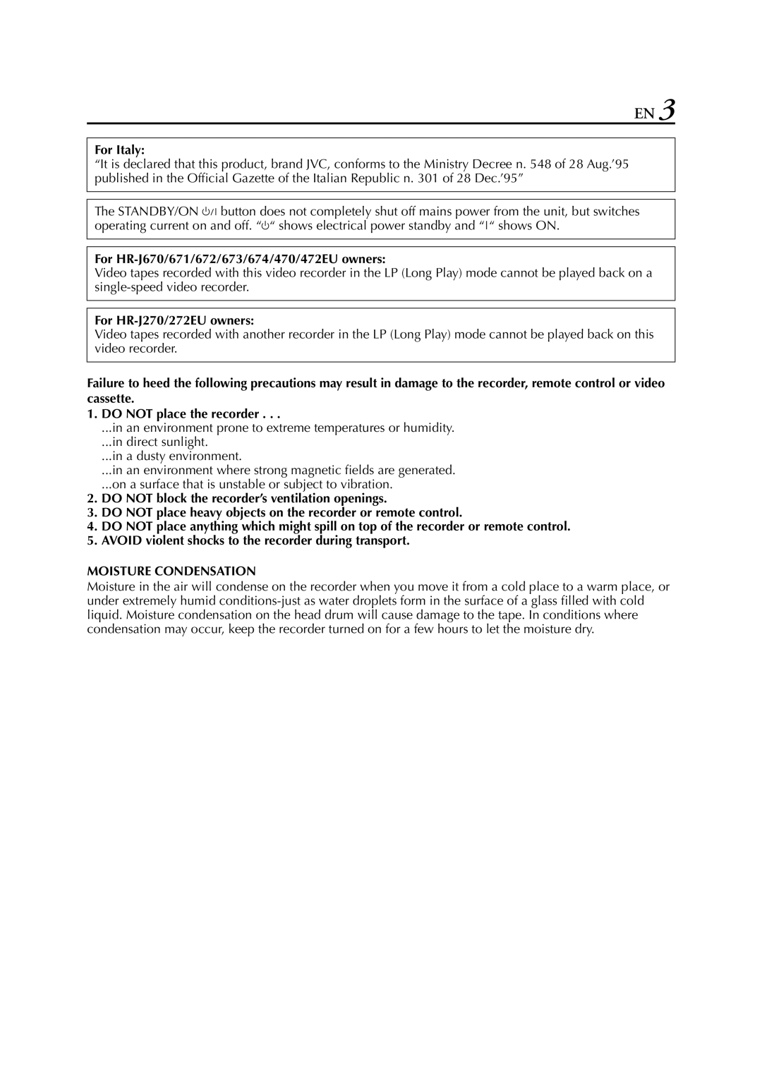 JVC HR-J672, HR-J673, HR-J470, HR-J472EU, HR-J671, HR-J272EU, HR-J270, HR-J674 instruction manual Moisture Condensation 