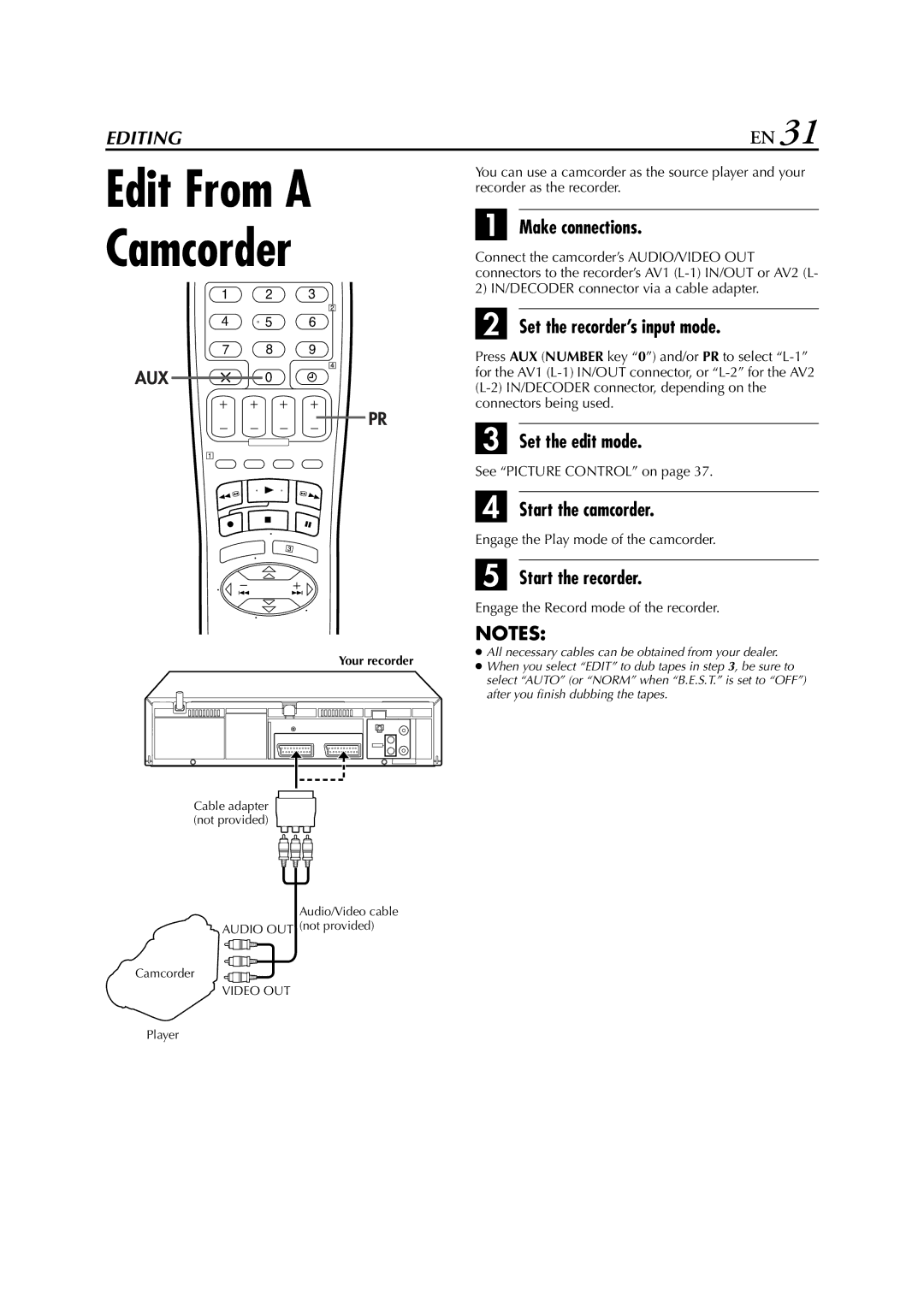 JVC HR-J674, HR-J673, HR-J470 Edit From a Camcorder, Set the recorder’s input mode, Set the edit mode, Start the camcorder 