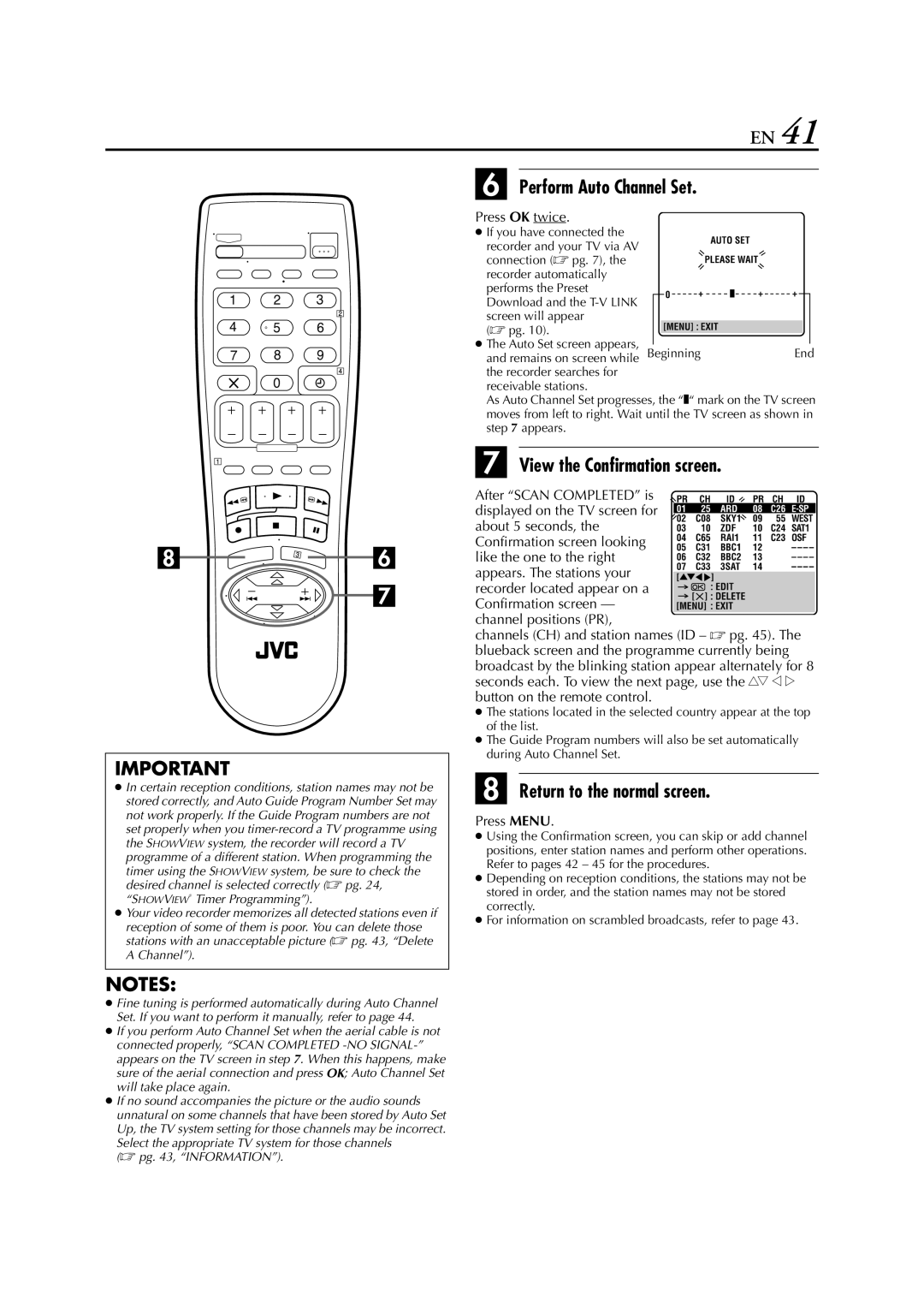 JVC HR-J470, HR-J673, HR-J472EU, HR-J672, HR-J671 Perform Auto Channel Set, View the Confirmation screen, Press OK twice 