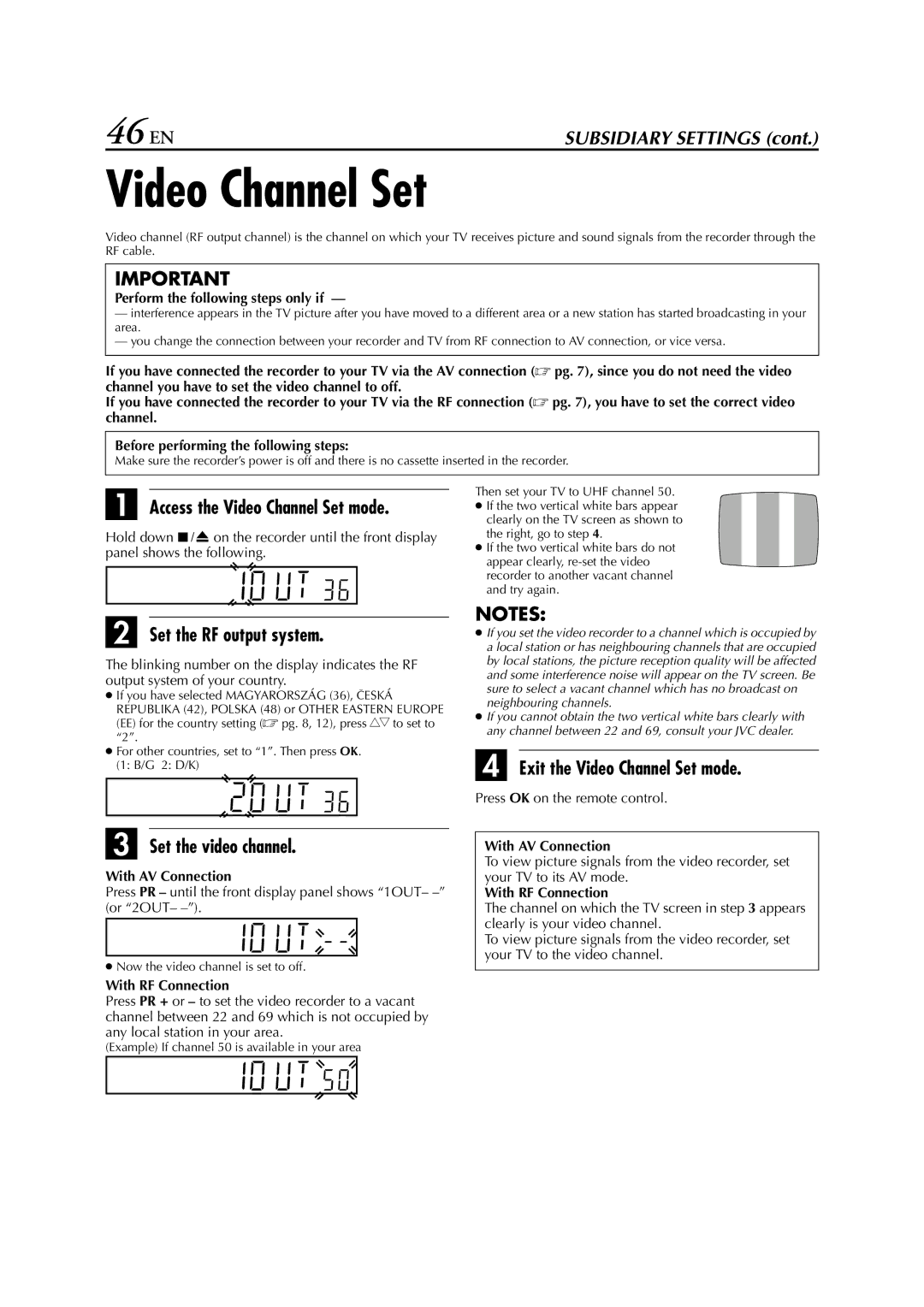 JVC HR-J270 46 EN, Access the Video Channel Set mode, Set the RF output system, Exit the Video Channel Set mode 