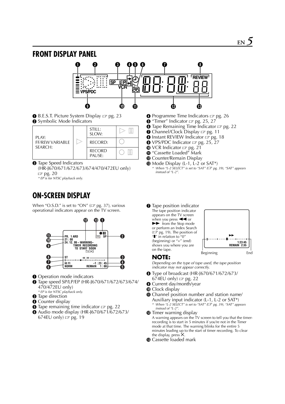 JVC HR-J272EU, HR-J673, HR-J470, HR-J472EU, HR-J672, HR-J671, HR-J270, HR-J674 instruction manual Front Display Panel 