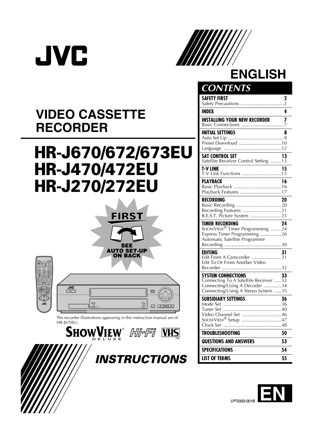 JVC HR-J673EU instruction manual Video Cassette Recorder English 