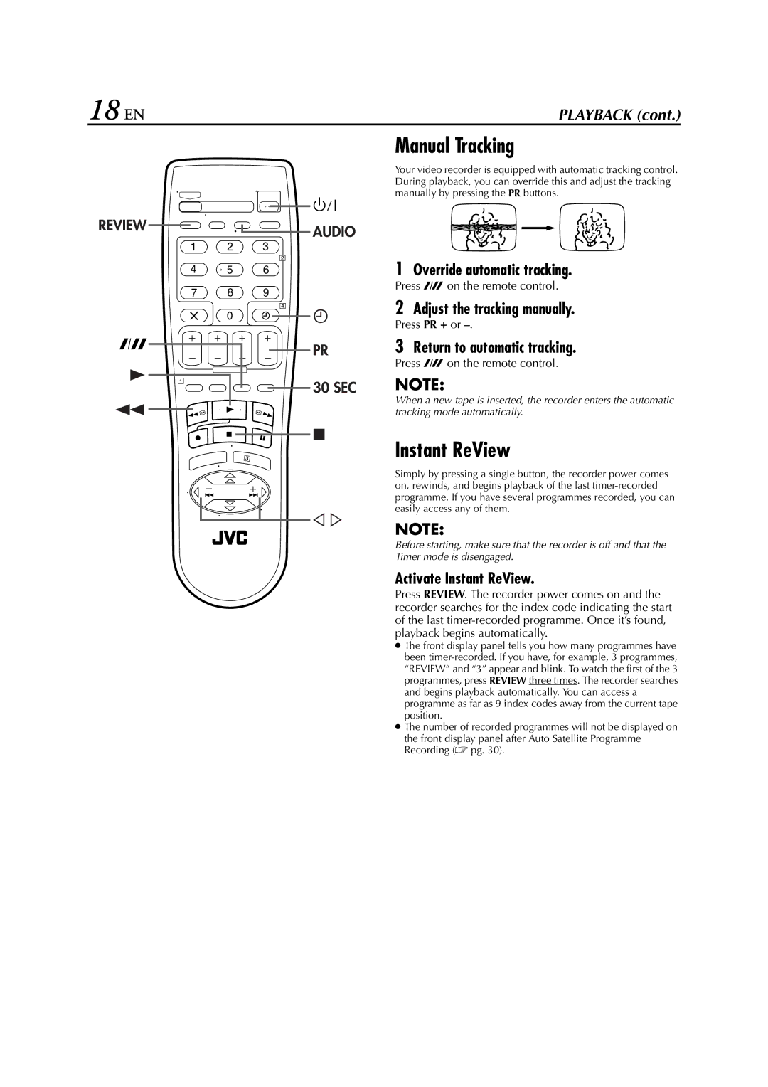 JVC HR-J673EU instruction manual 18 EN, Manual Tracking, Instant ReView 