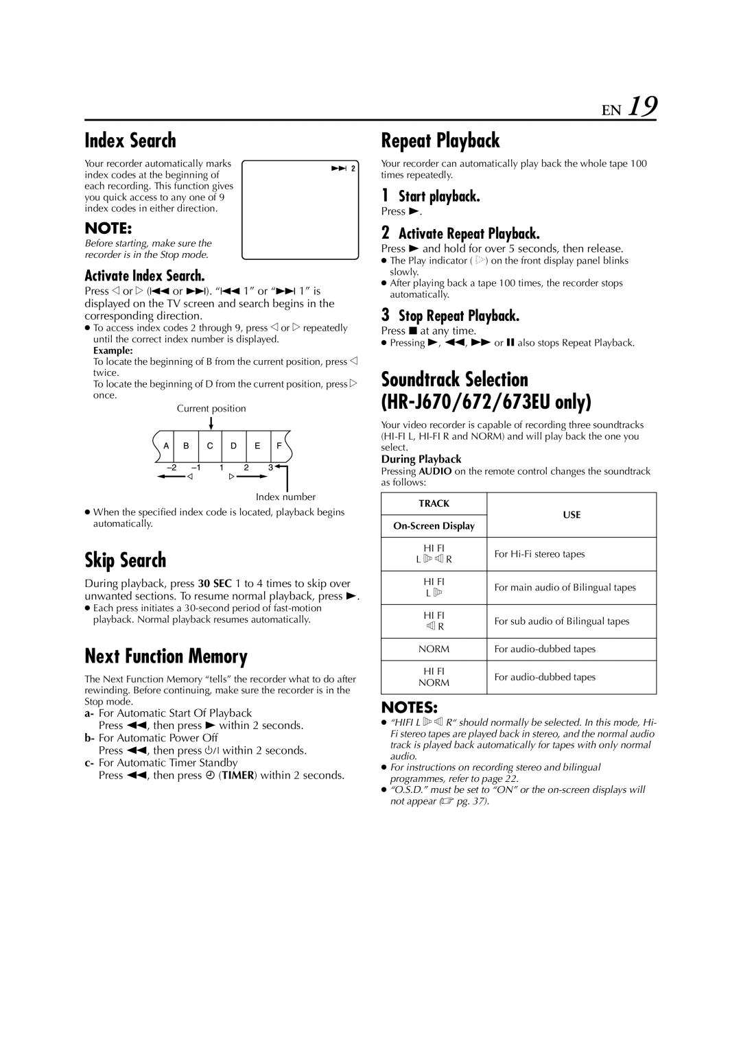 JVC HR-J673EU instruction manual Index Search, Skip Search, Next Function Memory, Repeat Playback 