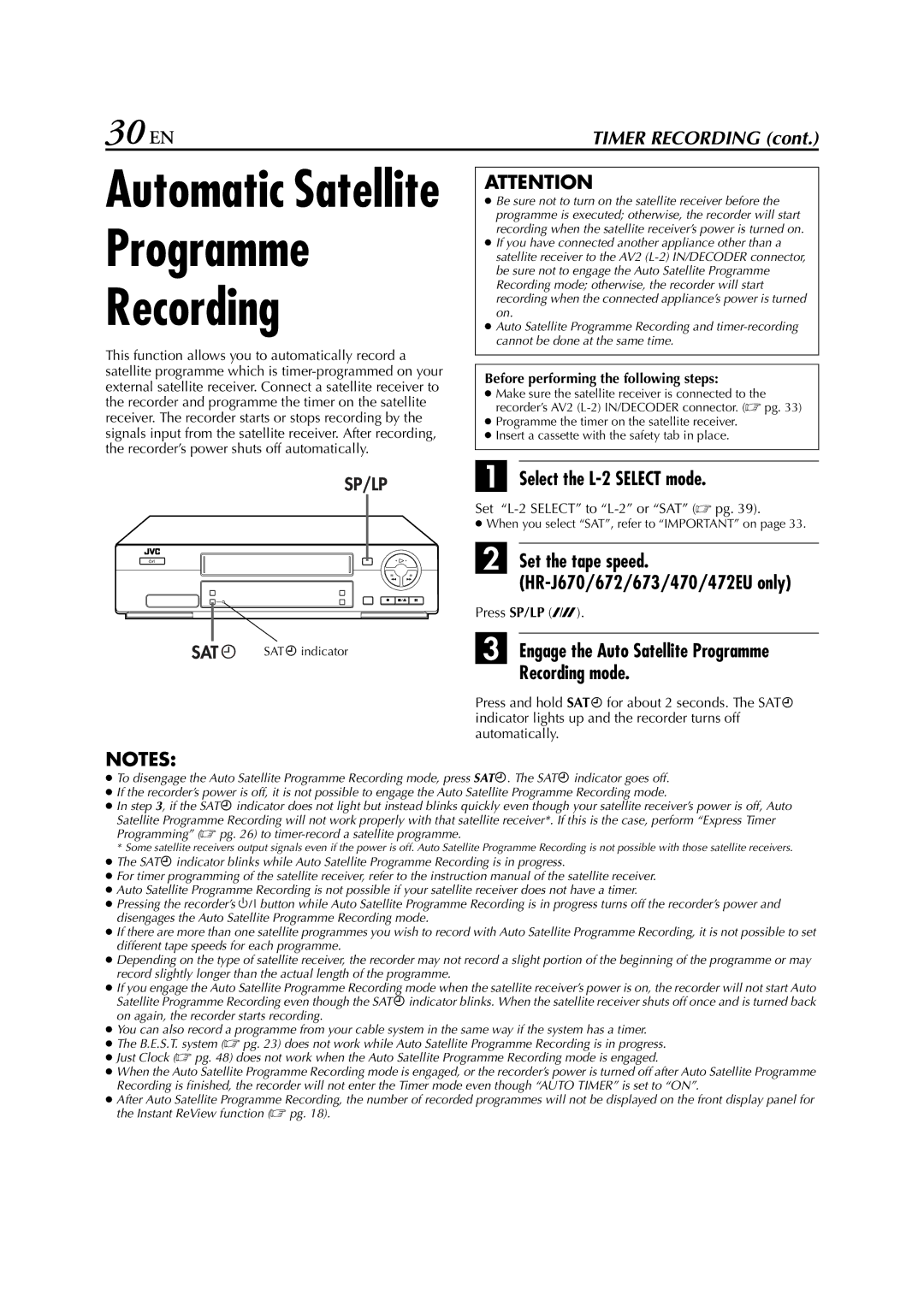 JVC HR-J673EU instruction manual 30 EN, Select the L-2 Select mode, Engage the Auto Satellite Programme Recording mode 