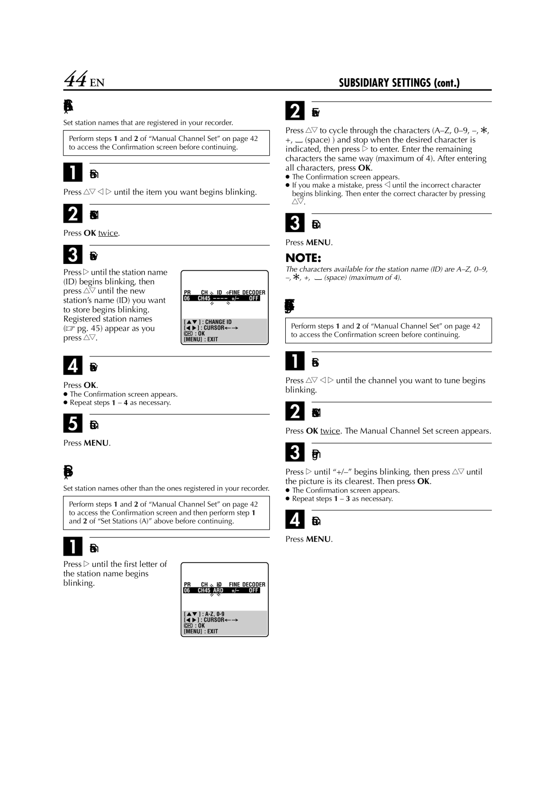 JVC HR-J673EU instruction manual 44 EN, Set Stations a, Set Stations B 