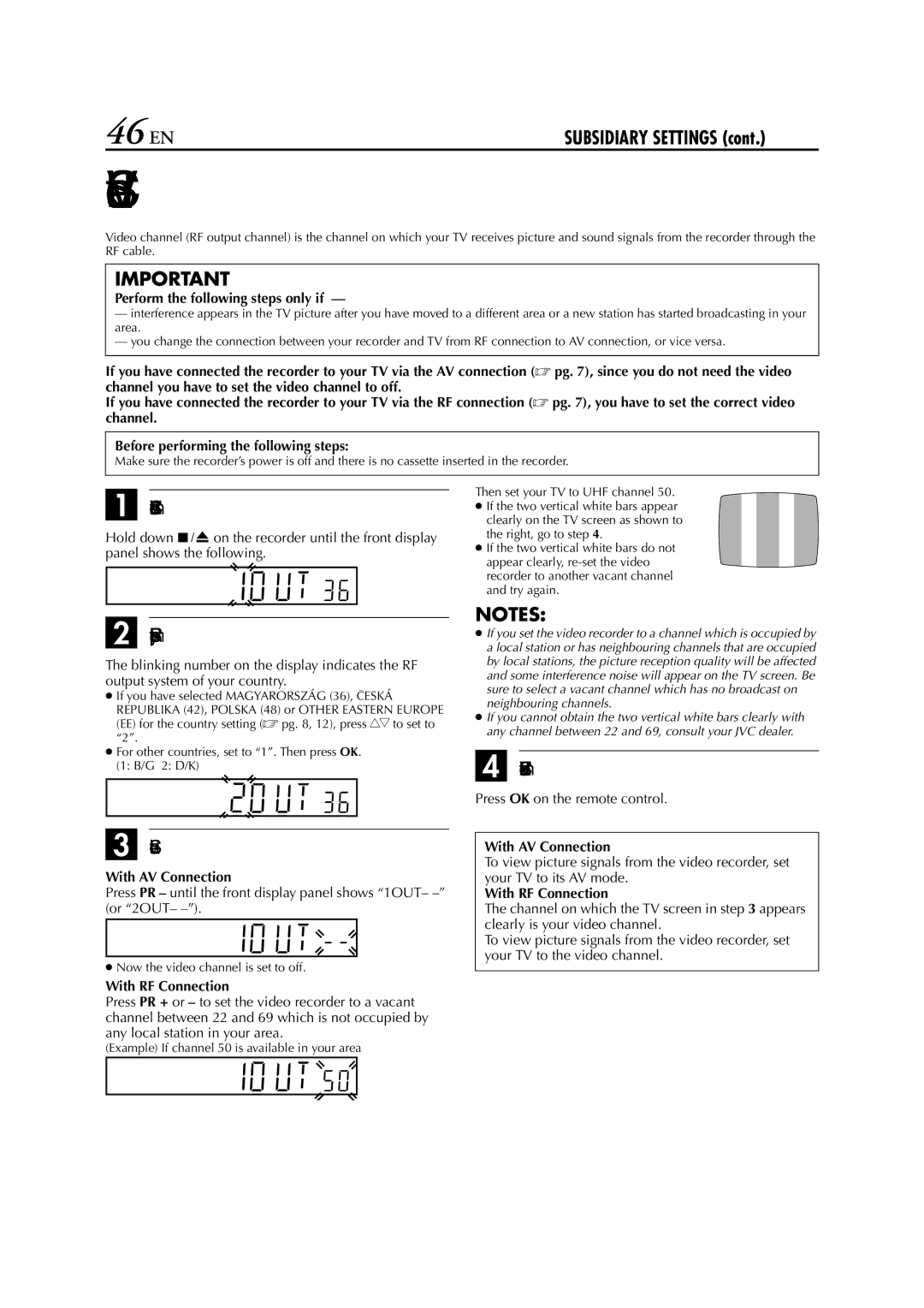 JVC HR-J673EU 46 EN, Access the Video Channel Set mode, Set the RF output system, Exit the Video Channel Set mode 