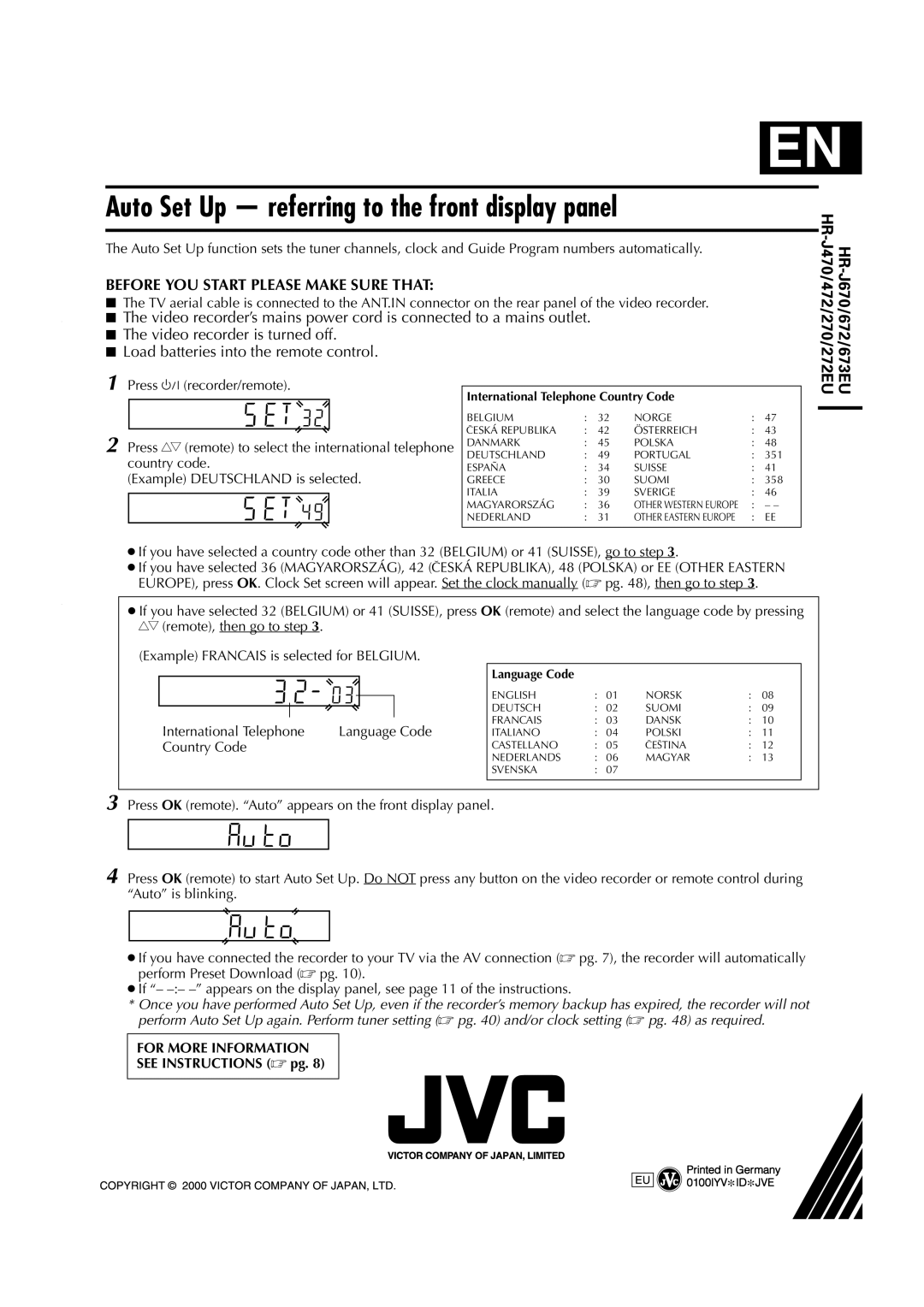 JVC HR-J673EU instruction manual International Telephone Language Code, Country Code, See Instructions  pg 