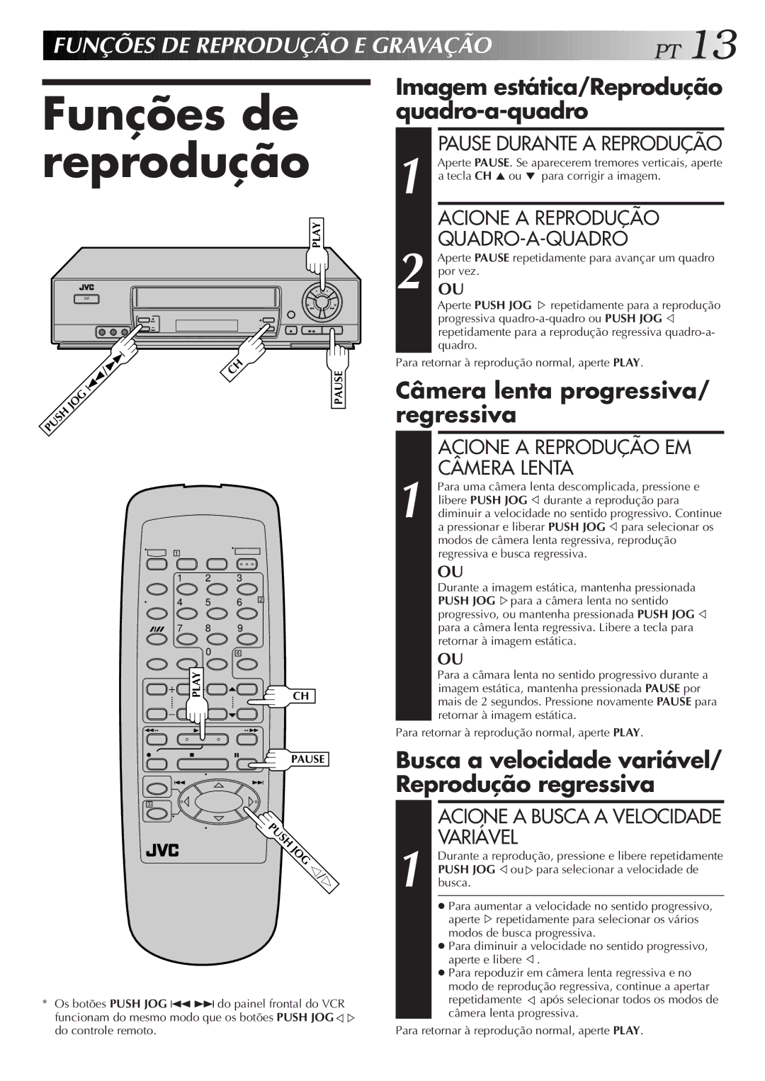 JVC HR-J673M manual Funções de reprodução, Funções DE Reprodução E Gravaç ÃO PT, Imagem estática/Reprodução quadro-a-quadro 