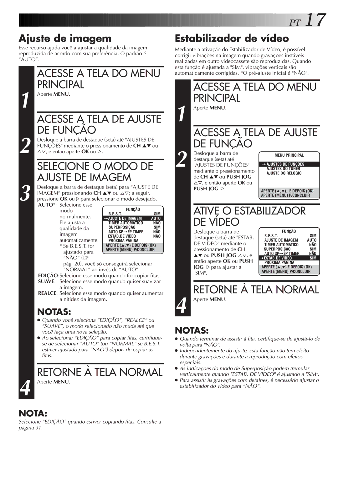 JVC HR-J673M manual DE Função, Selecione O Modo DE, Ajuste DE Imagem, Acesse a Tela do Menu Principal 