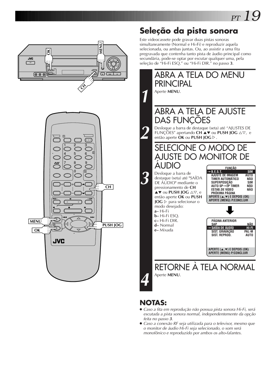 JVC HR-J673M manual Abra a Tela do Menu Principal, DAS Funções, Ajuste do Monitor DE, Áudio, Seleção da pista sonora 