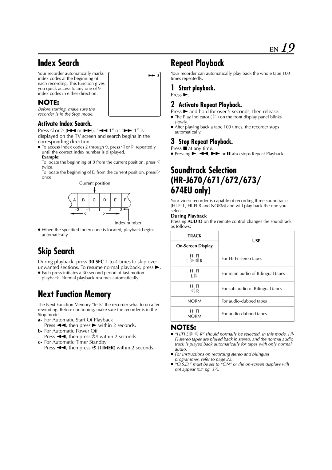 JVC HR-J674EU instruction manual Index Search, Skip Search, Next Function Memory, Repeat Playback 