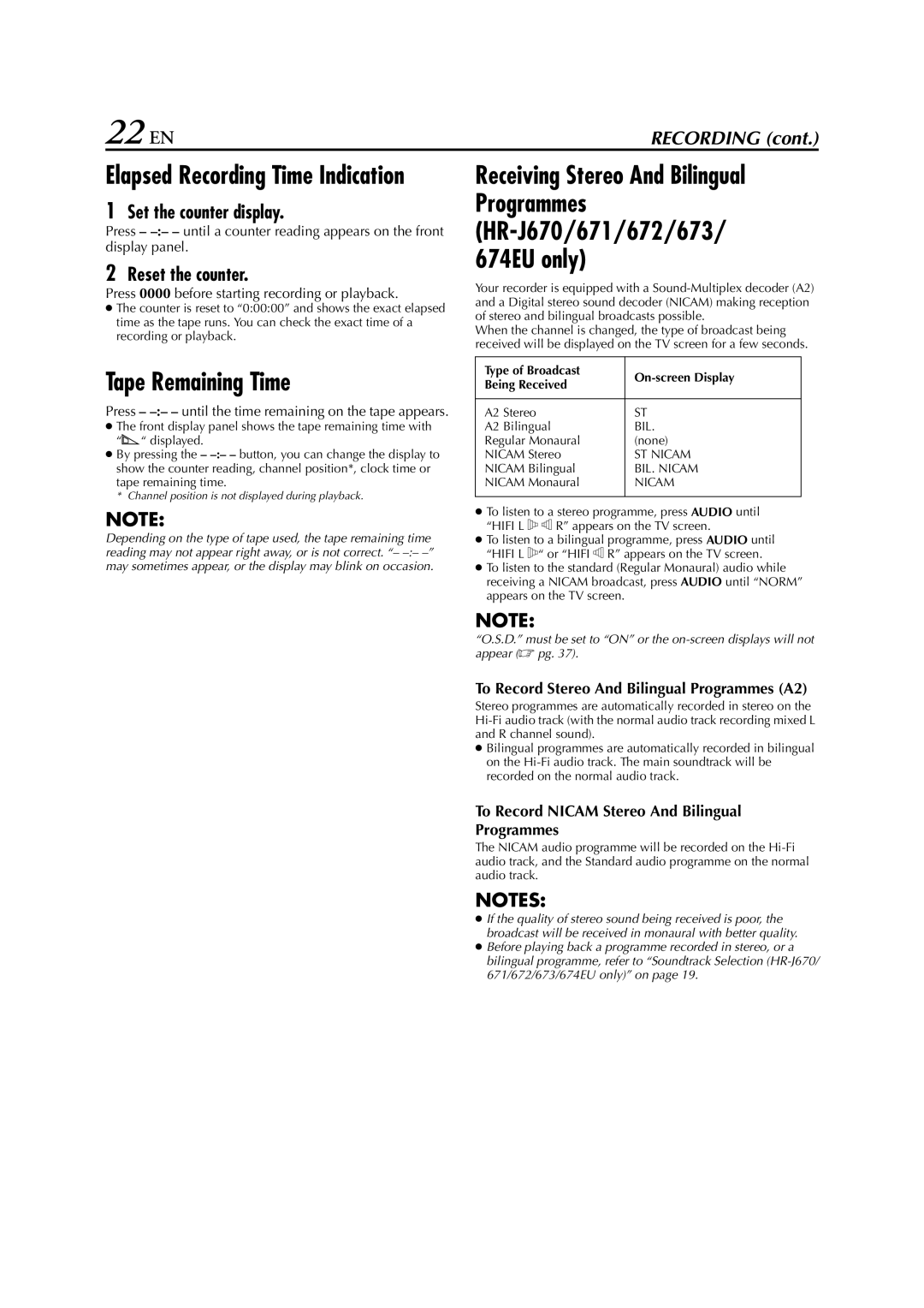 JVC HR-J674EU instruction manual 22 EN, Tape Remaining Time, Set the counter display, Reset the counter 