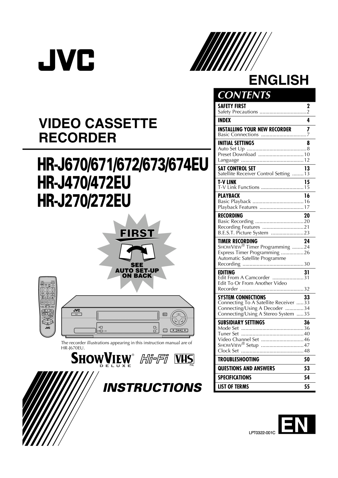 JVC HR-J674EU instruction manual Video Cassette Recorder, English, Contents 