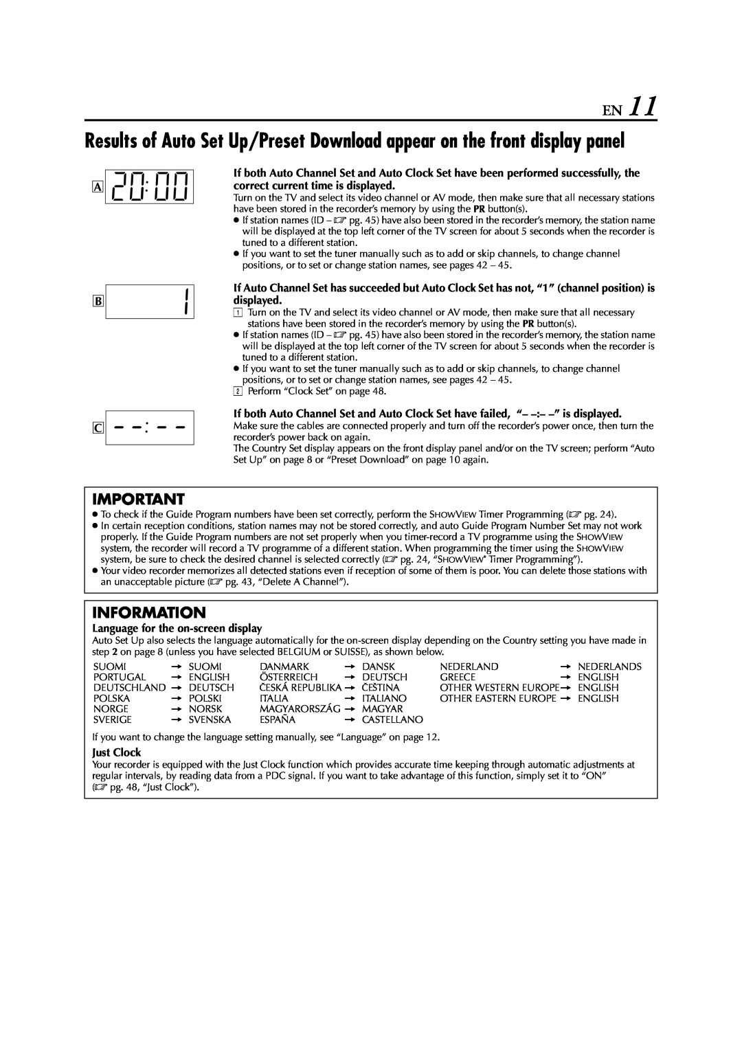 JVC HR-J674EU instruction manual Information, Language for the on-screen display, Just Clock 