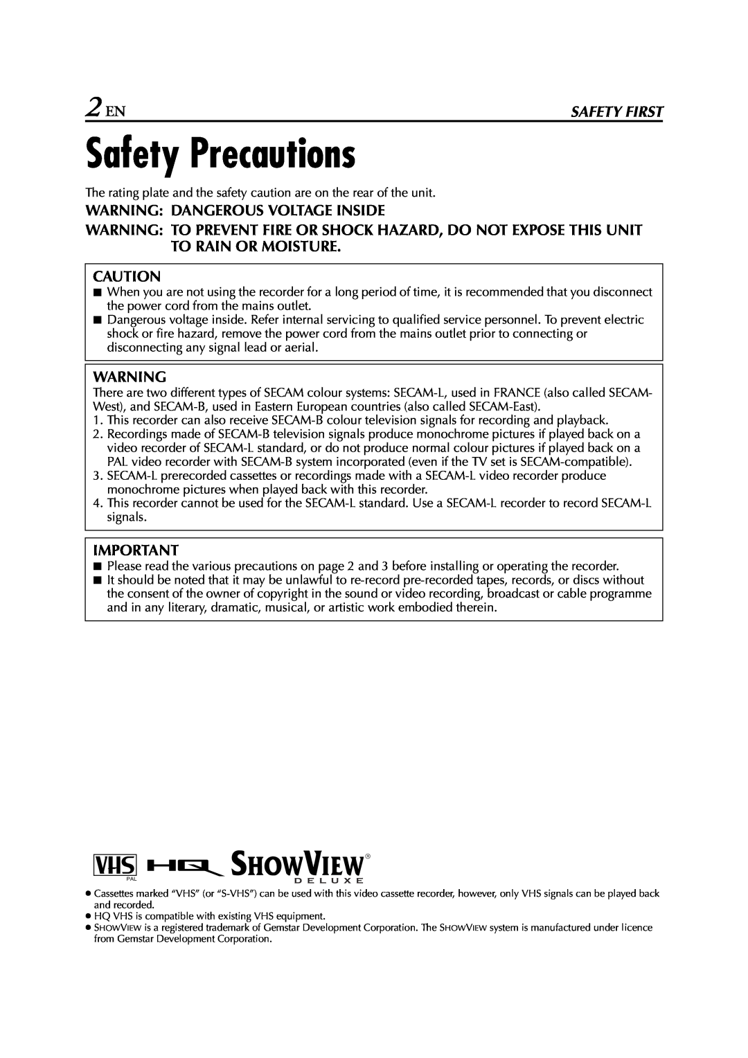 JVC HR-J674EU instruction manual Safety Precautions, 2 EN, Warning Dangerous Voltage Inside, Safety First 
