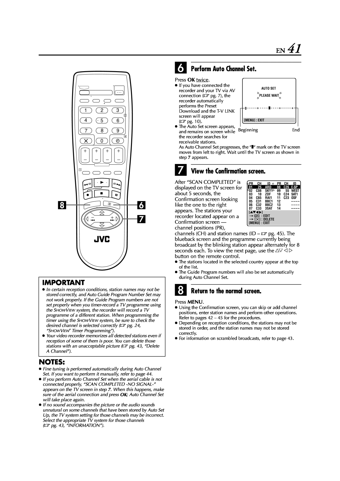 JVC HR-J674EU instruction manual F Perform Auto Channel Set, G View the Confirmation screen, H Return to the normal screen 