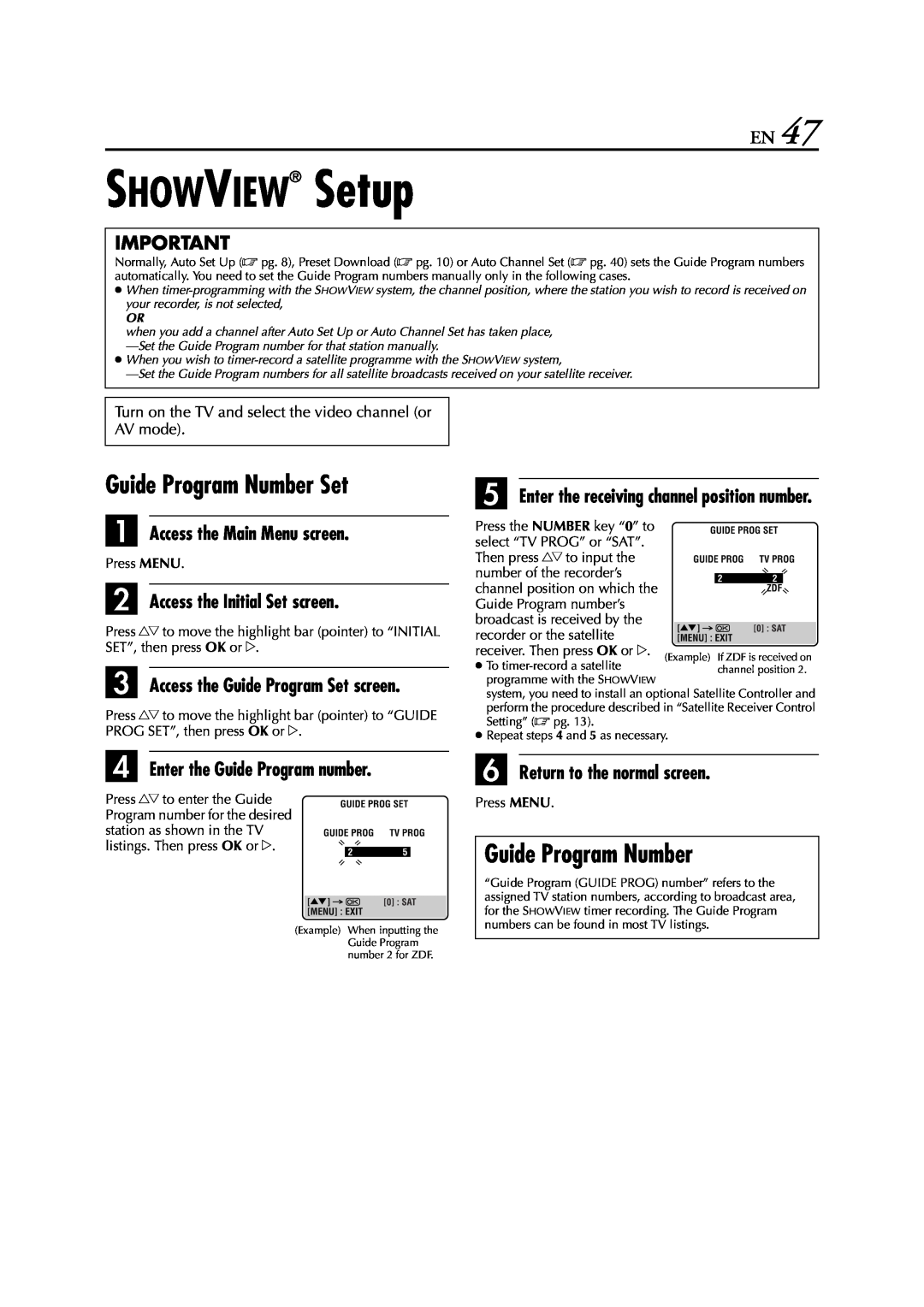 JVC HR-J674EU SHOWVIEW Setup, Guide Program Number Set, B Access the Initial Set screen, D Enter the Guide Program number 
