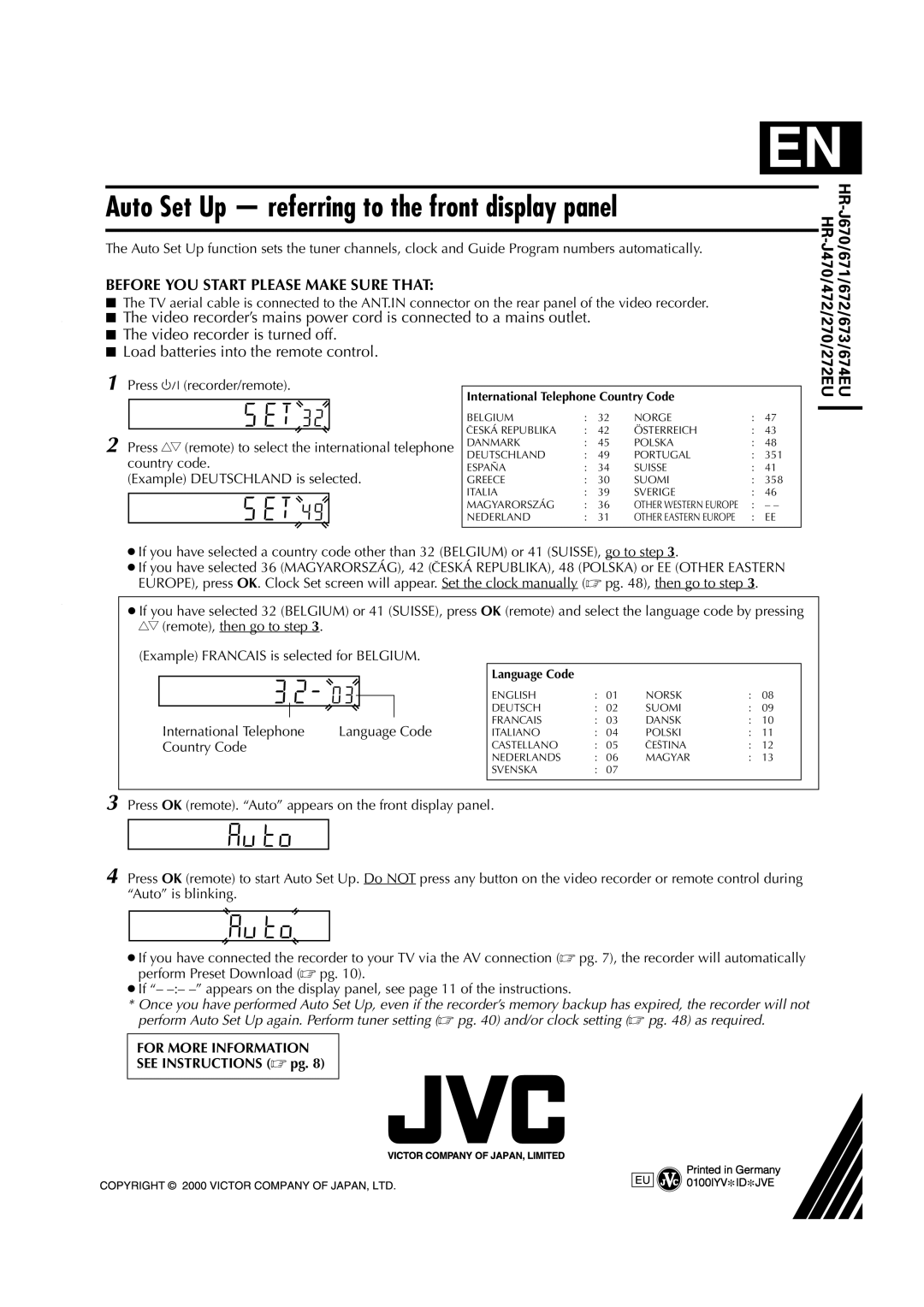 JVC HR-J674EU Auto Set Up - referring to the front display panel, FOR MORE INFORMATION SEE INSTRUCTIONS  pg 