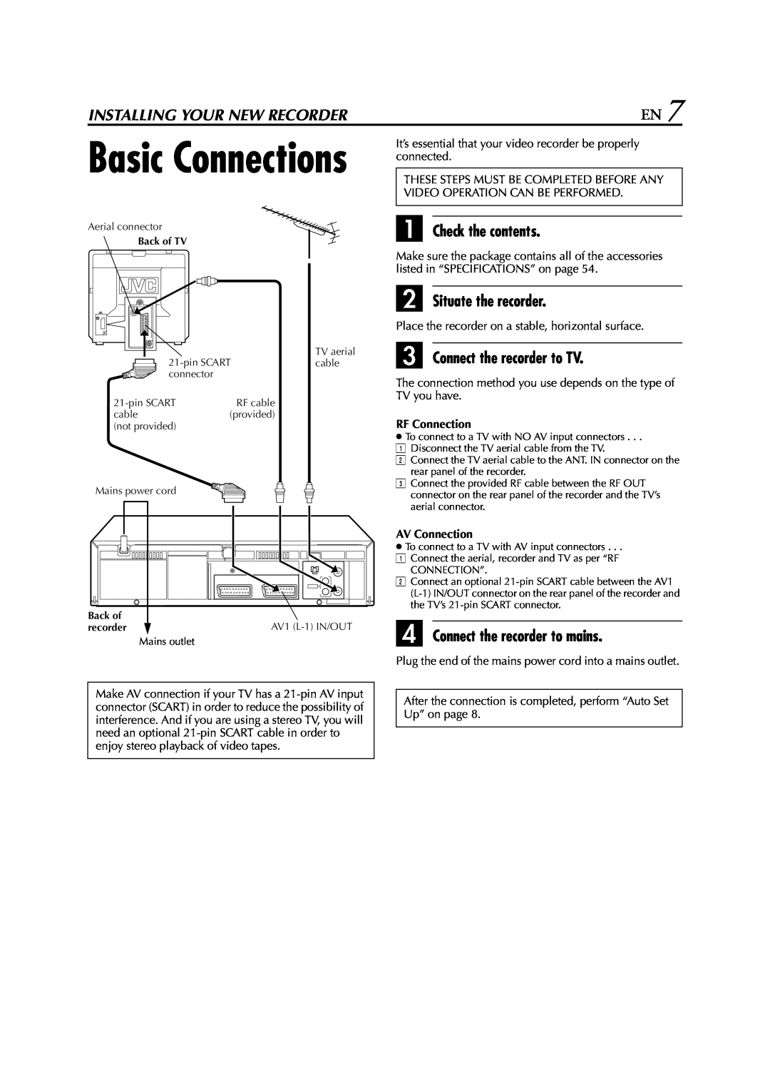 JVC HR-J674EU Basic Connections, Installing Your New Recorder, A Check the contents, B Situate the recorder, RF Connection 