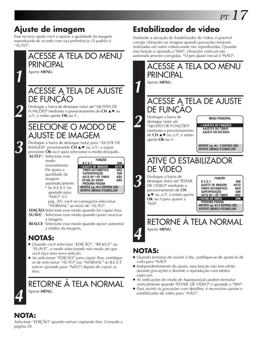 JVC HR-J676M manual DE Função, Selecione O Modo DE, Ajuste DE Imagem, Acesse a Tela do Menu Principal 