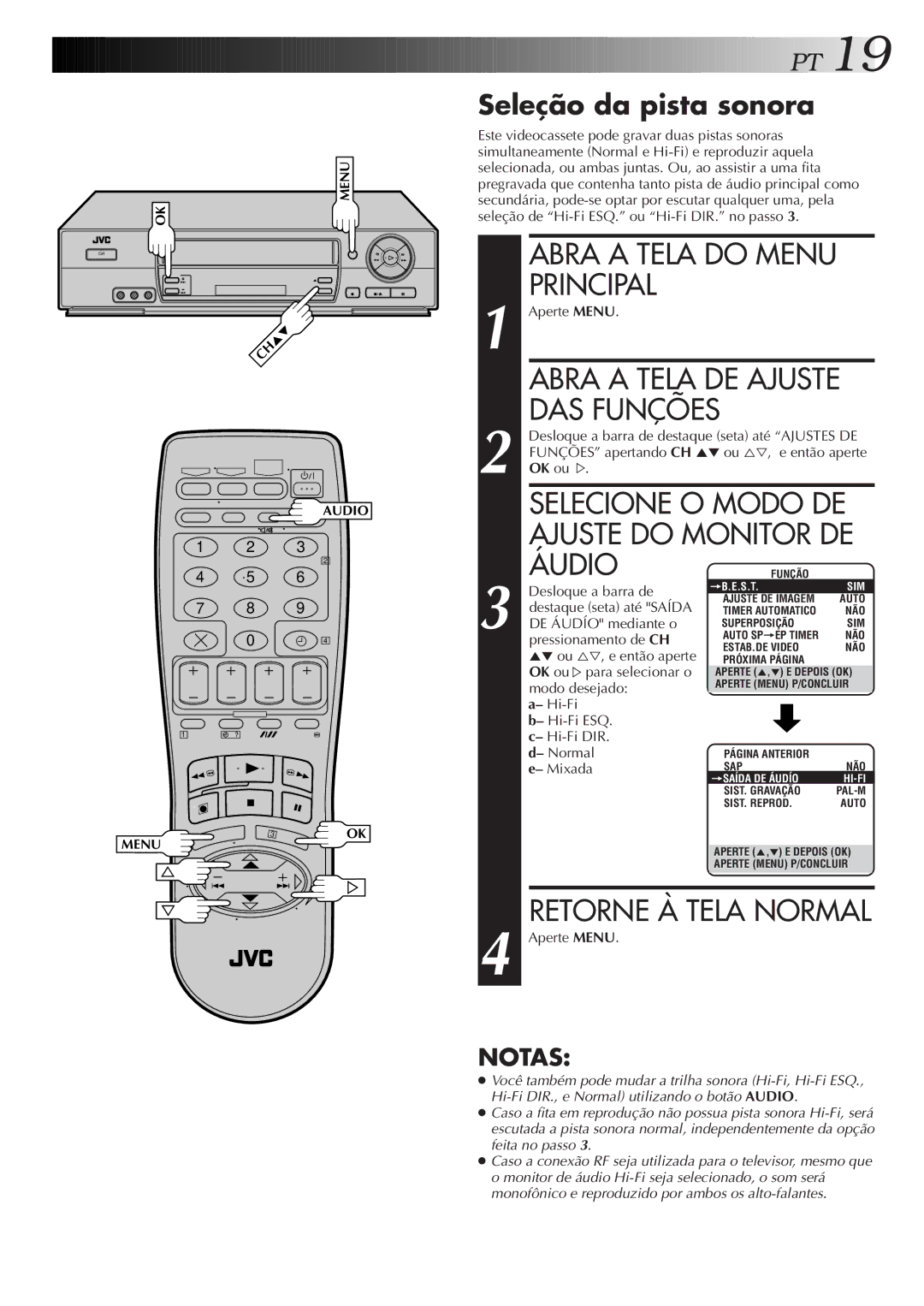 JVC HR-J676M manual Abra a Tela do Menu Principal, DAS Funções, Seleção da pista sonora 