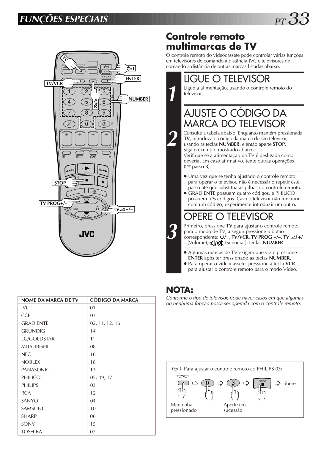 JVC HR-J676M manual Ligue O Televisor, Opere O Televisor, Funções Especiais, Controle remoto multimarcas de TV 