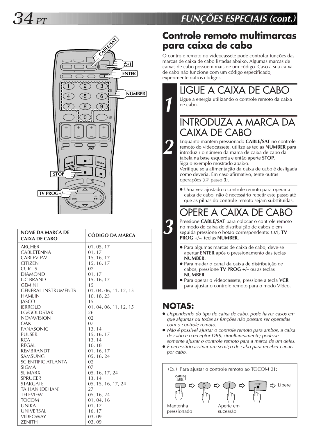 JVC HR-J676M manual Ligue a Caixa DE Cabo, Introduza a Marca DA Caixa DE Cabo, Opere a Caixa DE Cabo 