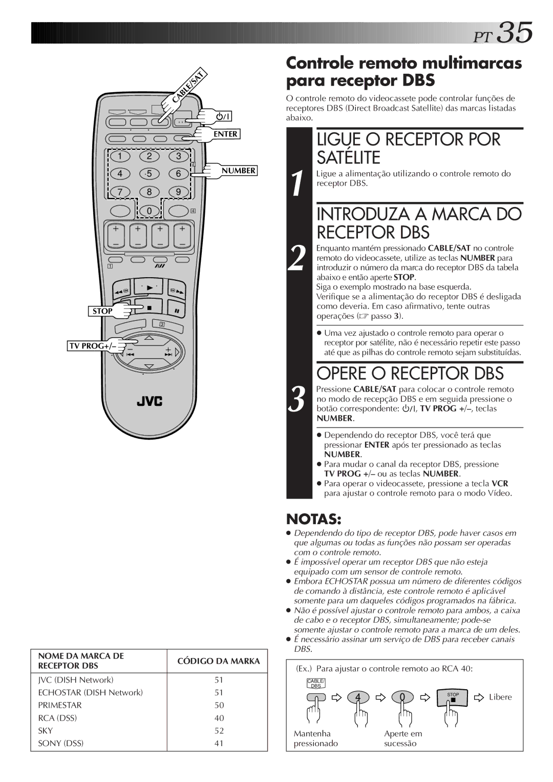 JVC HR-J676M manual Ligue O Receptor POR Satélite, Introduza a Marca do Receptor DBS, Opere O Receptor DBS 